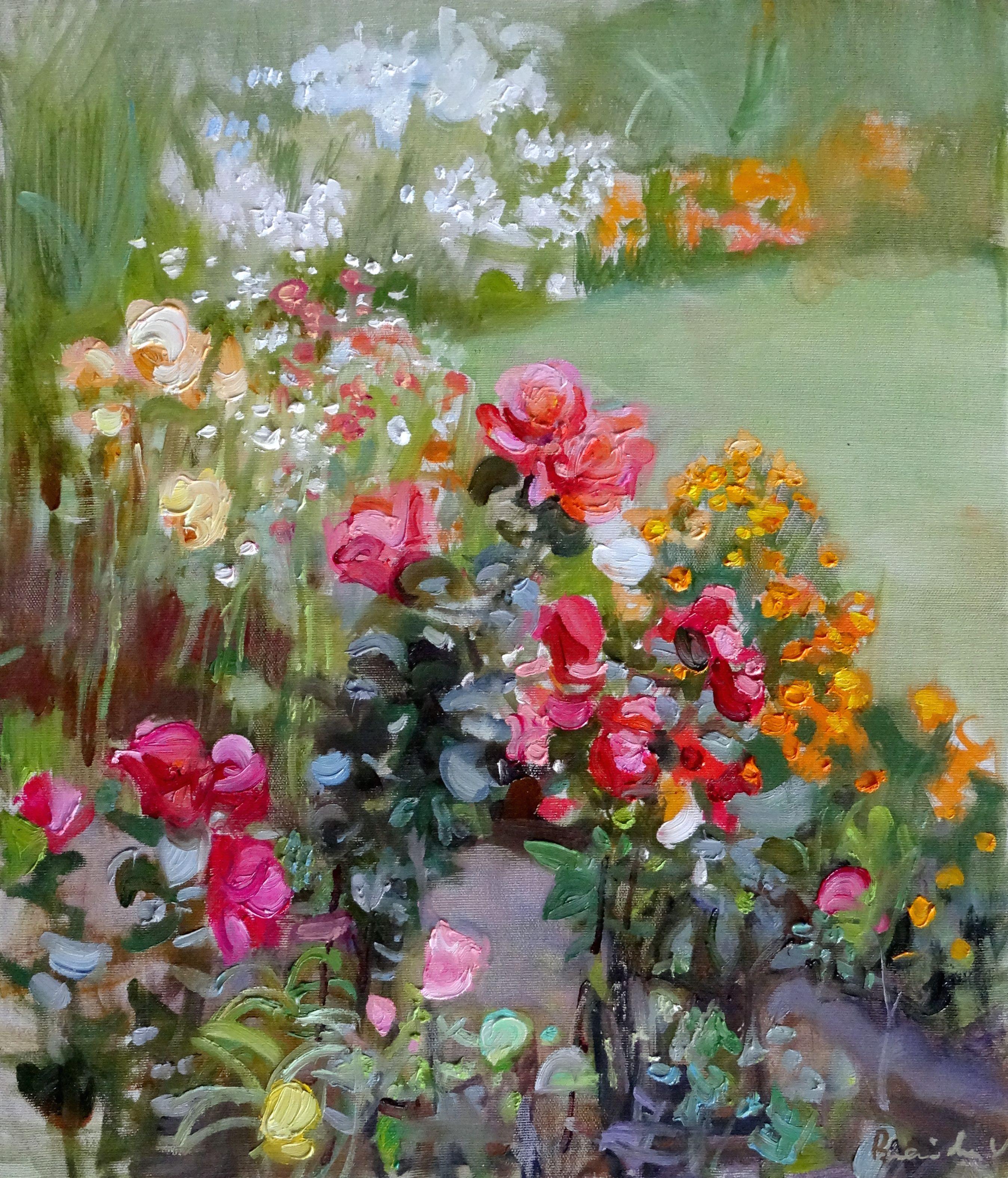 Valery Bayda  Landscape Painting - In the garden. 2018, oil on canvas, 53x45 cm