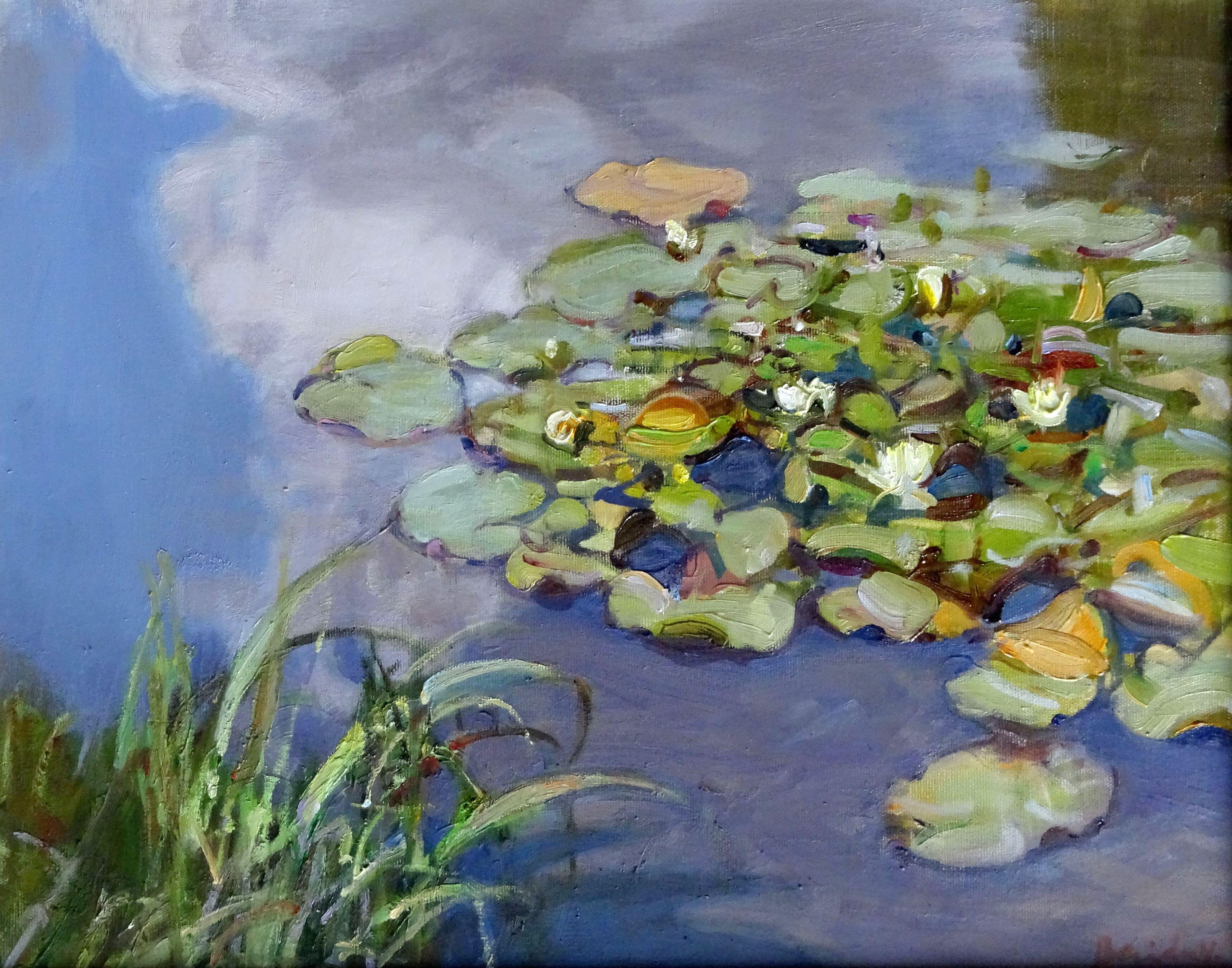 Valery Bayda  Landscape Painting - After the rain. Water lilies. 2018, oil on canvas, 40x50 cm