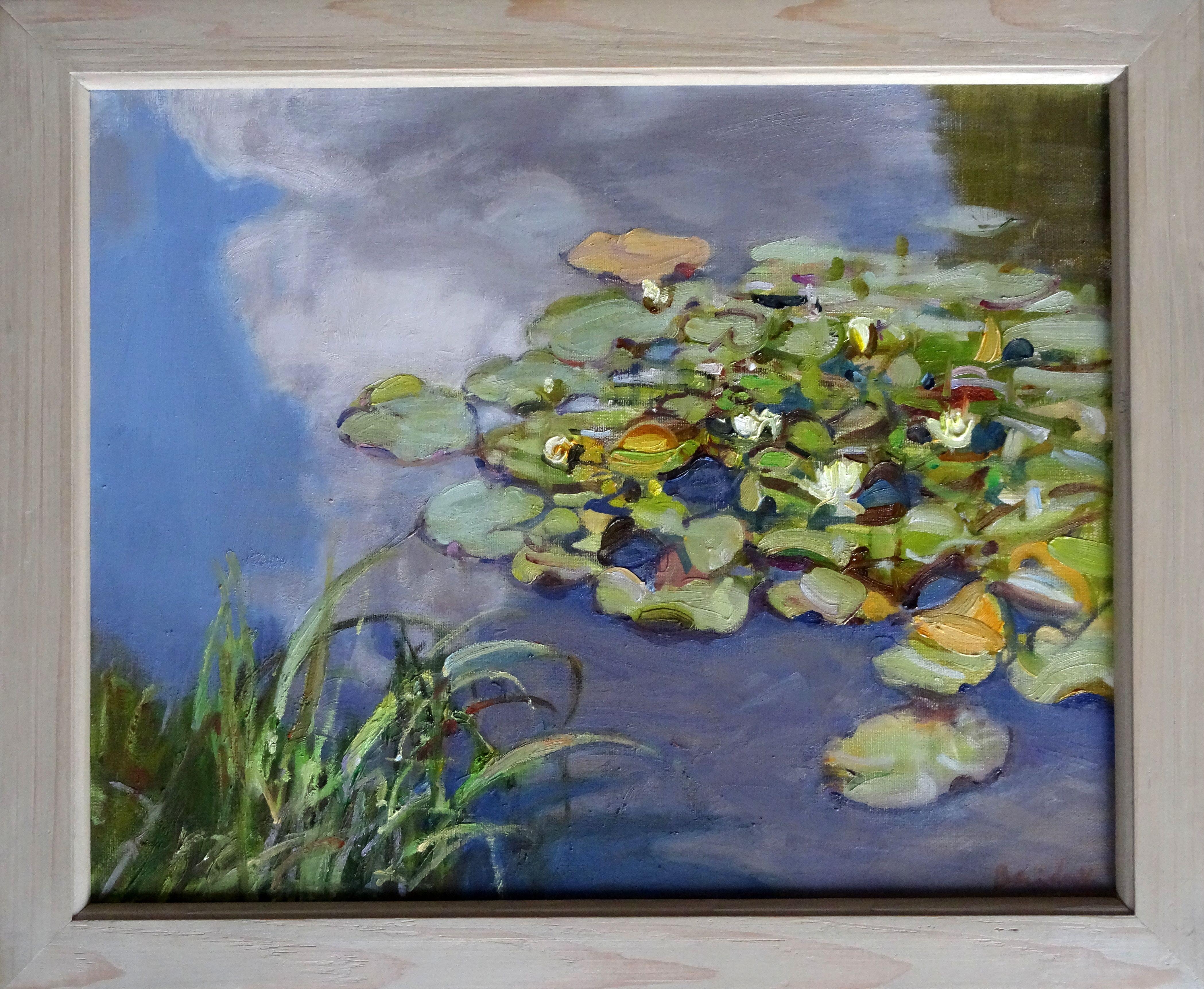 After the rain. Water lilies. 2018, oil on canvas, 40x50 cm - Painting by Valery Bayda 