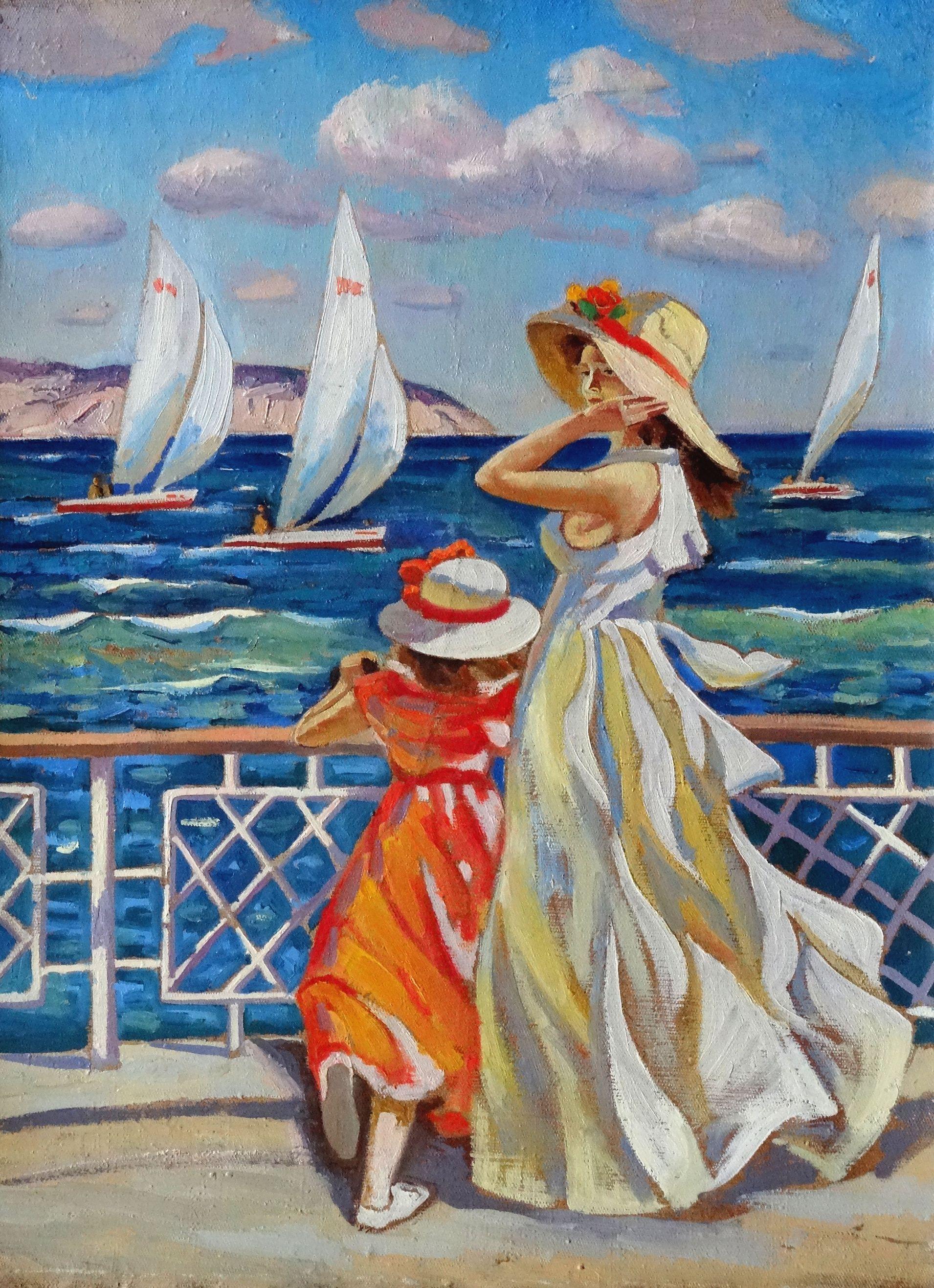 Aleksei Pavlovitch Solodovnikov Figurative Painting - By the sea. 1997, oil on canvas, 61х50 сm