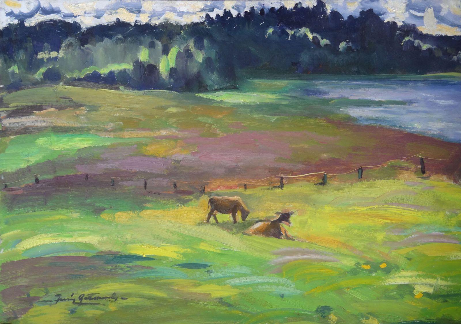 Juris Germanis Landscape Painting - In the field. Oil on cardboard, 57x81 cm