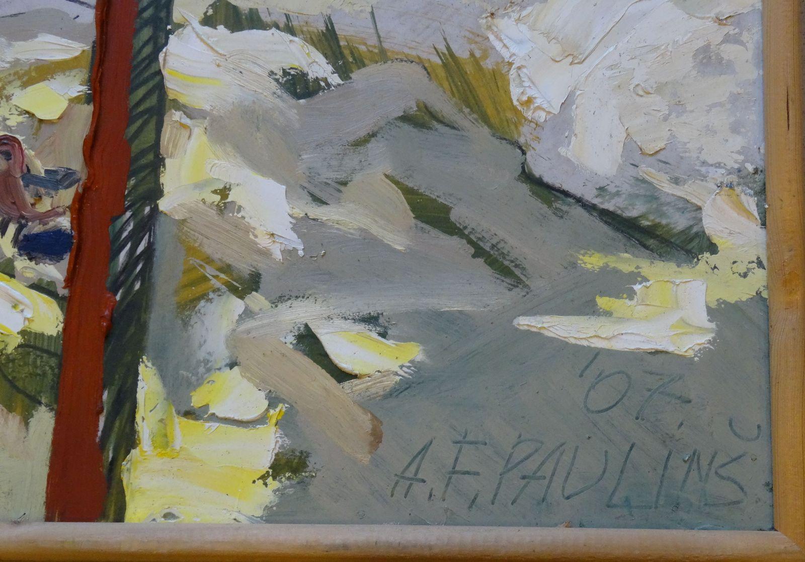 Vista de la calle en primavera. Óleo sobre cartón, 97x130 cm - Painting de Alberts Paulins 