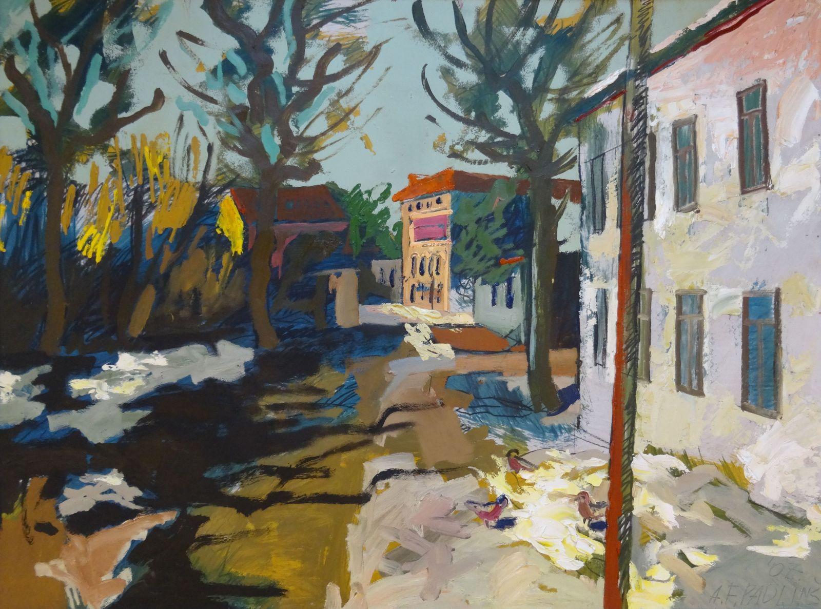 Landscape Painting Alberts Paulins  - vue de la rue au printemps. Huile sur carton, 97x130 cm