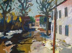 Vista della strada in primavera. Olio su cartone, 97x130 cm