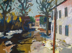 Straßenansicht im Frühjahr. Öl auf Karton, 97x130 cm