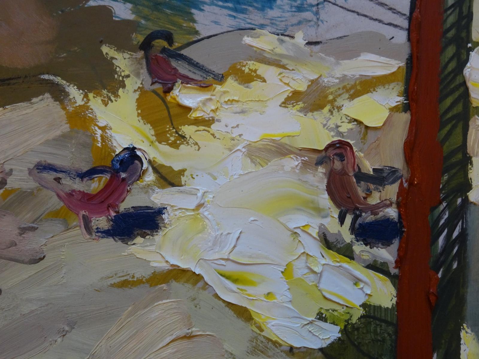 vue de la rue au printemps. Huile sur carton, 97x130 cm - Gris Landscape Painting par Alberts Paulins 