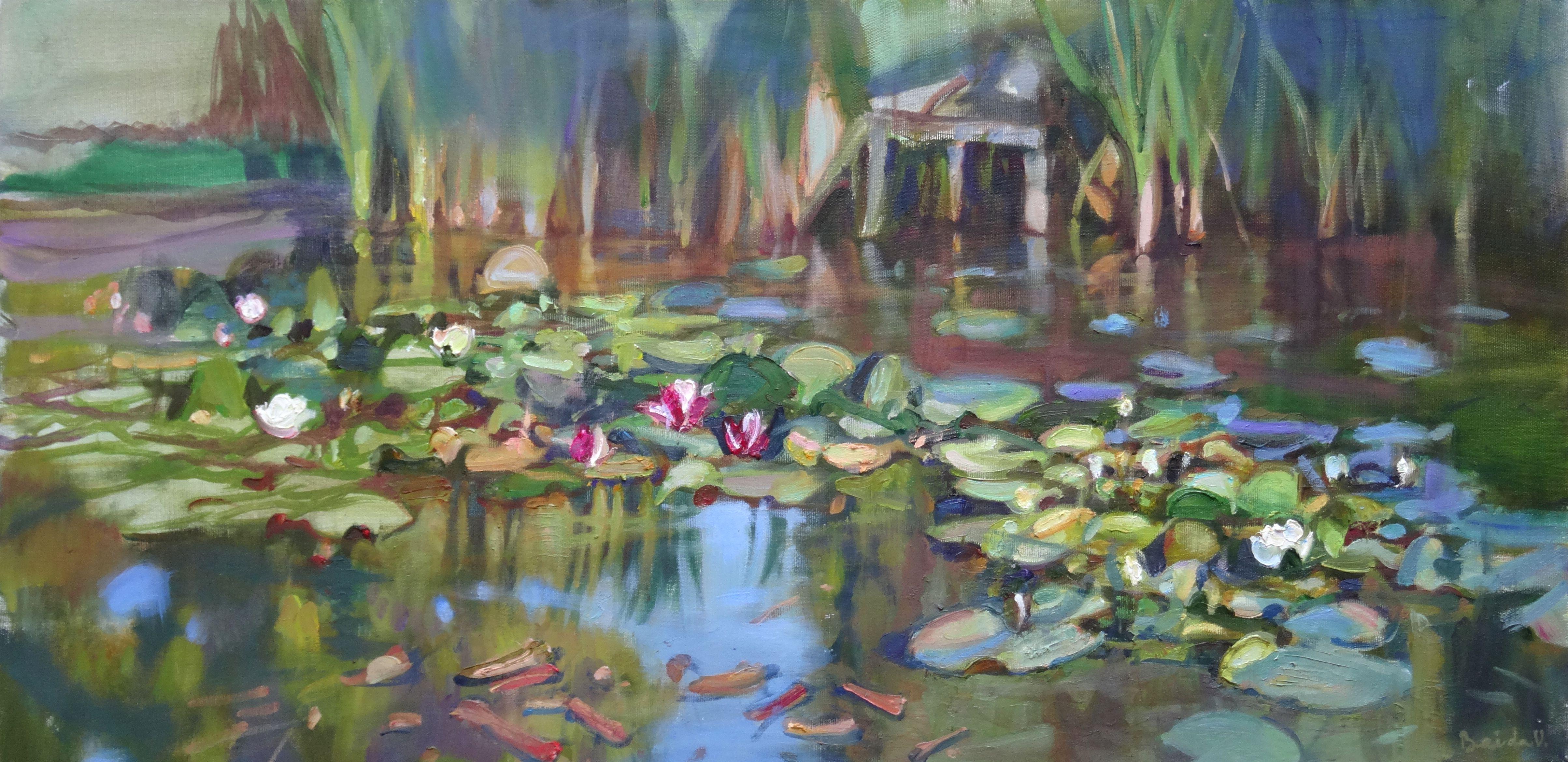 Valery Bayda  Landscape Painting - Water lilies. 2019. Oil on canvas, 40x80 cm