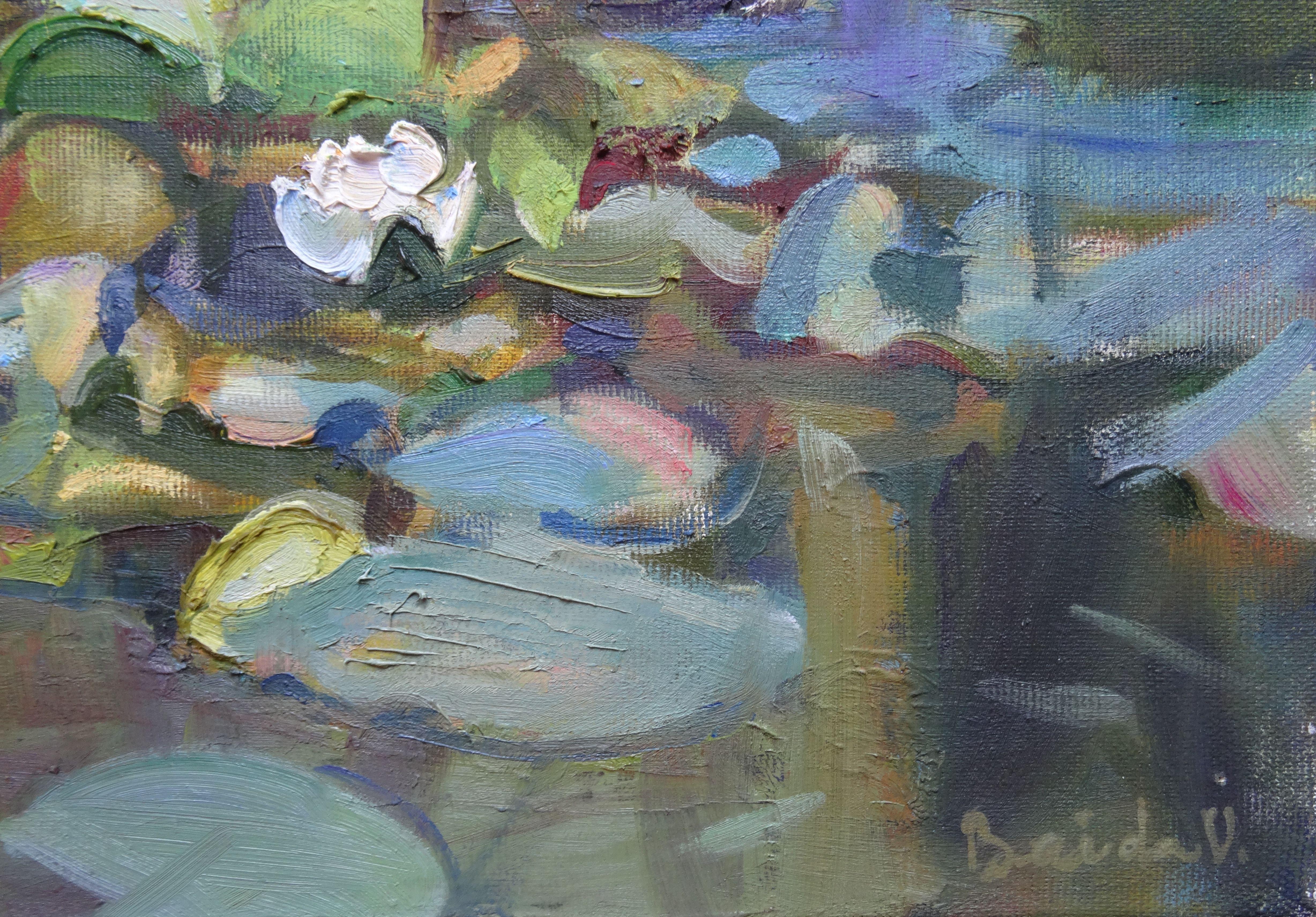 Water lilies. 2019. Oil on canvas, 40x80 cm - Painting by Valery Bayda 