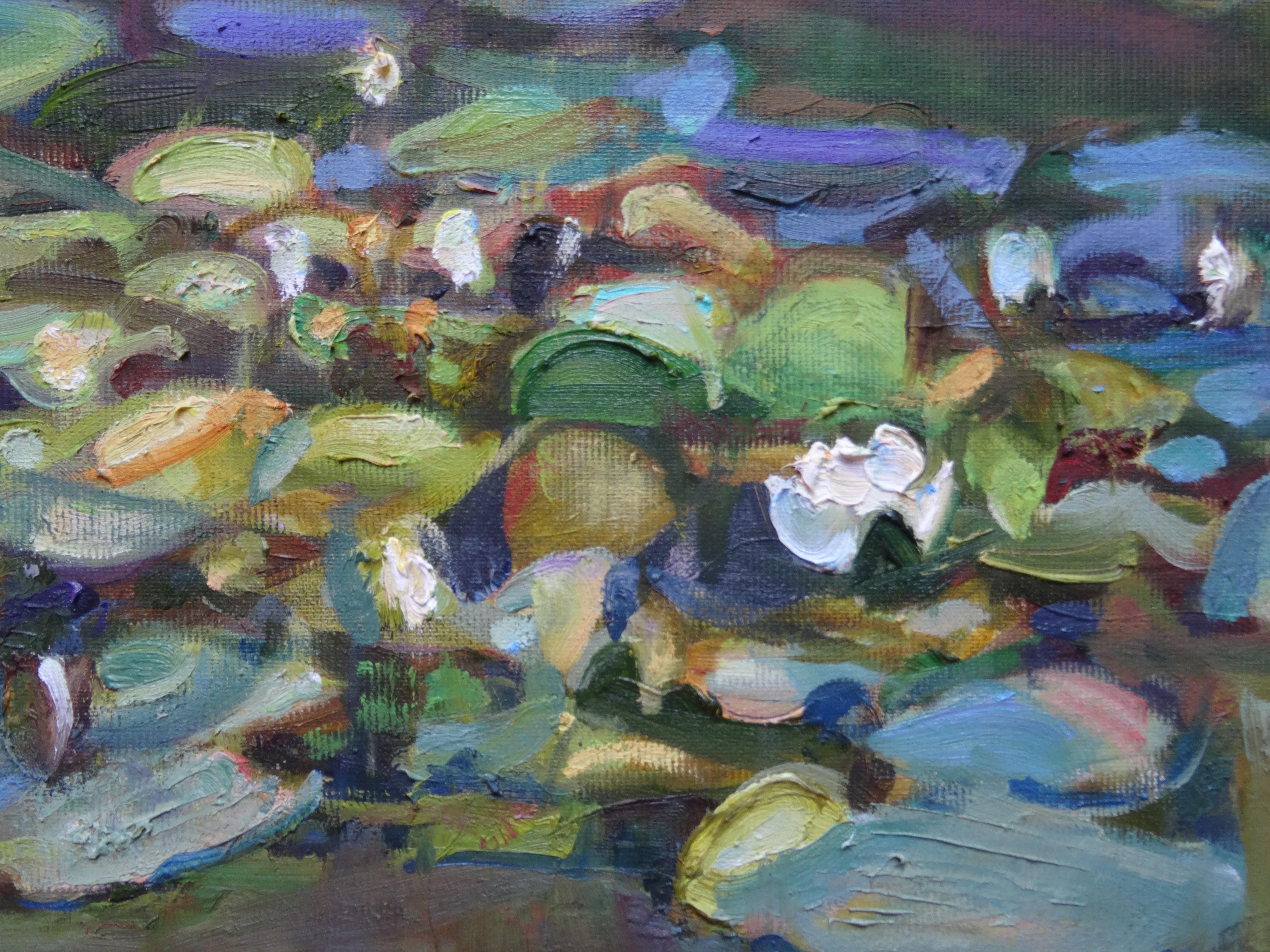 Wasserlilien. 2019. Öl auf Leinwand, 40x80 cm (Grau), Landscape Painting, von Valery Bayda 