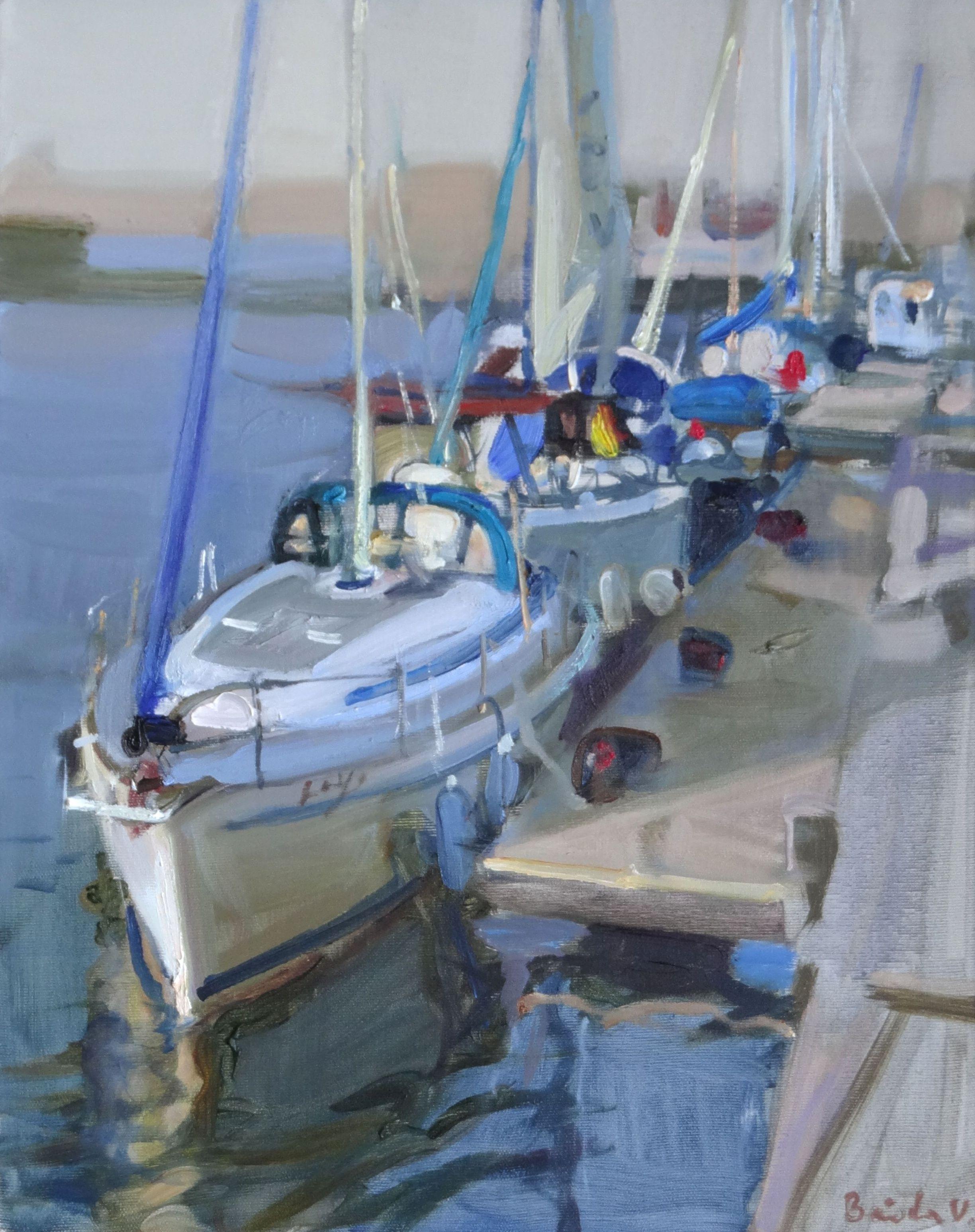 Valery Bayda  Landscape Painting – Yachts. 2020. Öl auf Leinwand, 50x40 cm