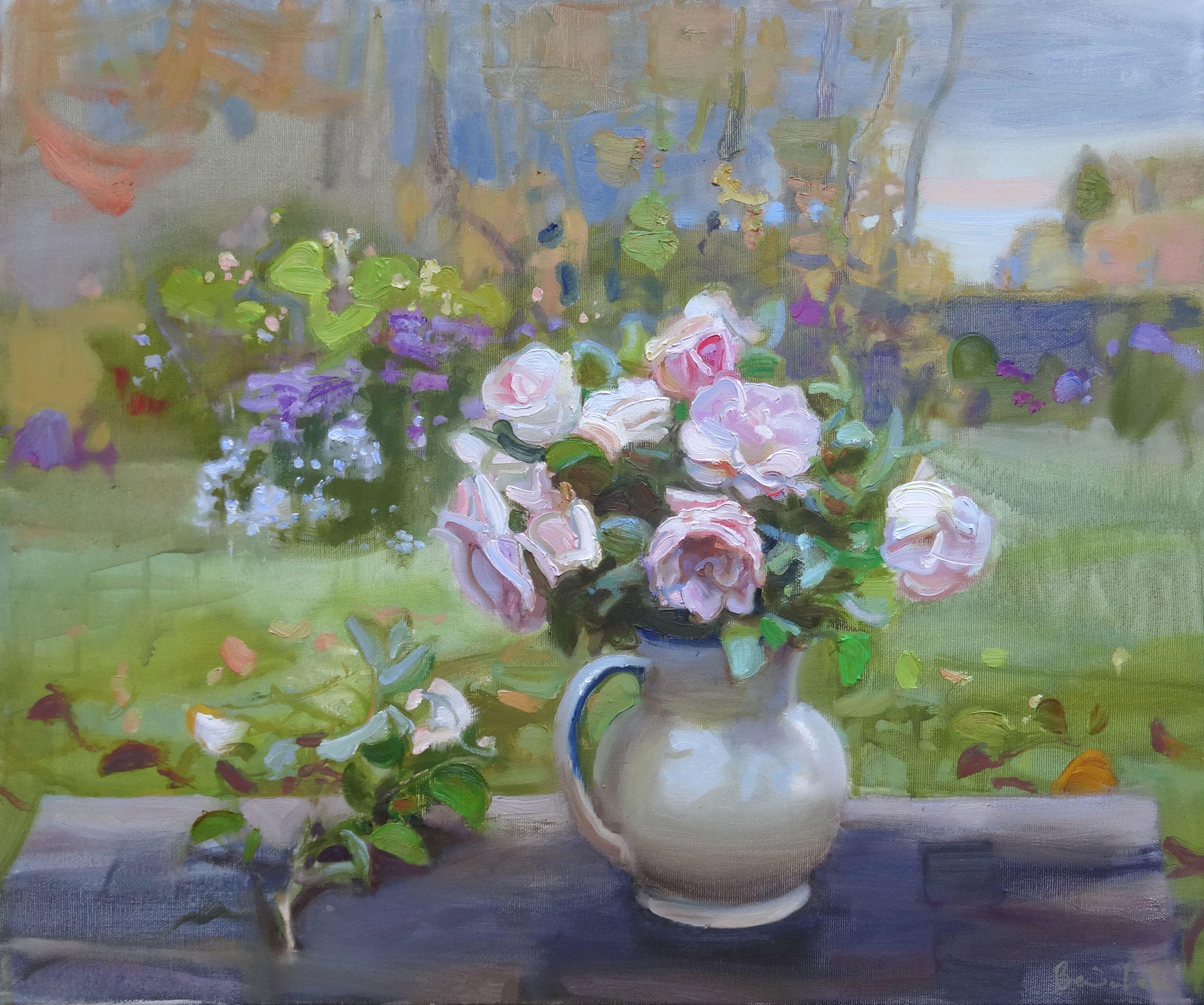 Valery Bayda  Still-Life Painting - Home roses. 2020. Oil on canvas, 50x60 cm