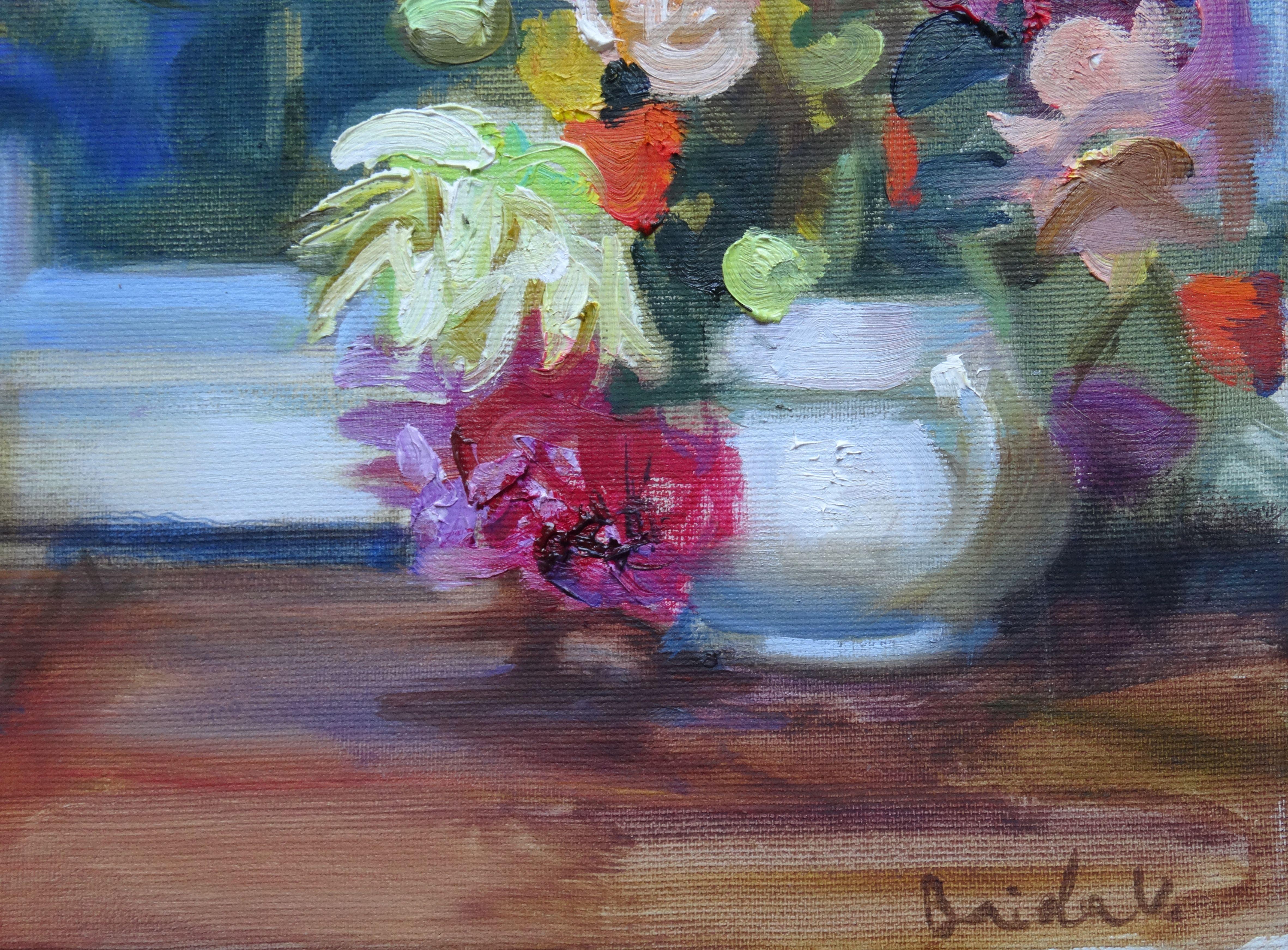 Flowers at the window (Fleurs à la fenêtre). 2020. Huile sur toile, 40x50 cm - Painting de Valery Bayda 