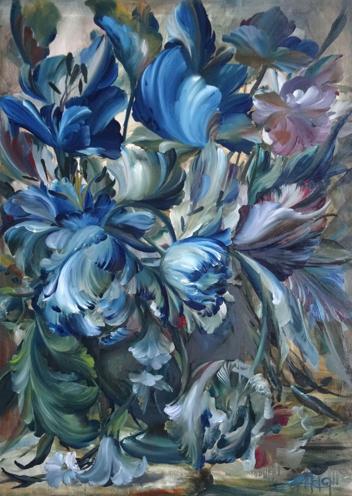 Arturs Amatnieks (Leon)  Still-Life Painting - Blue tulips. Canvas, oil, 90x65 cm