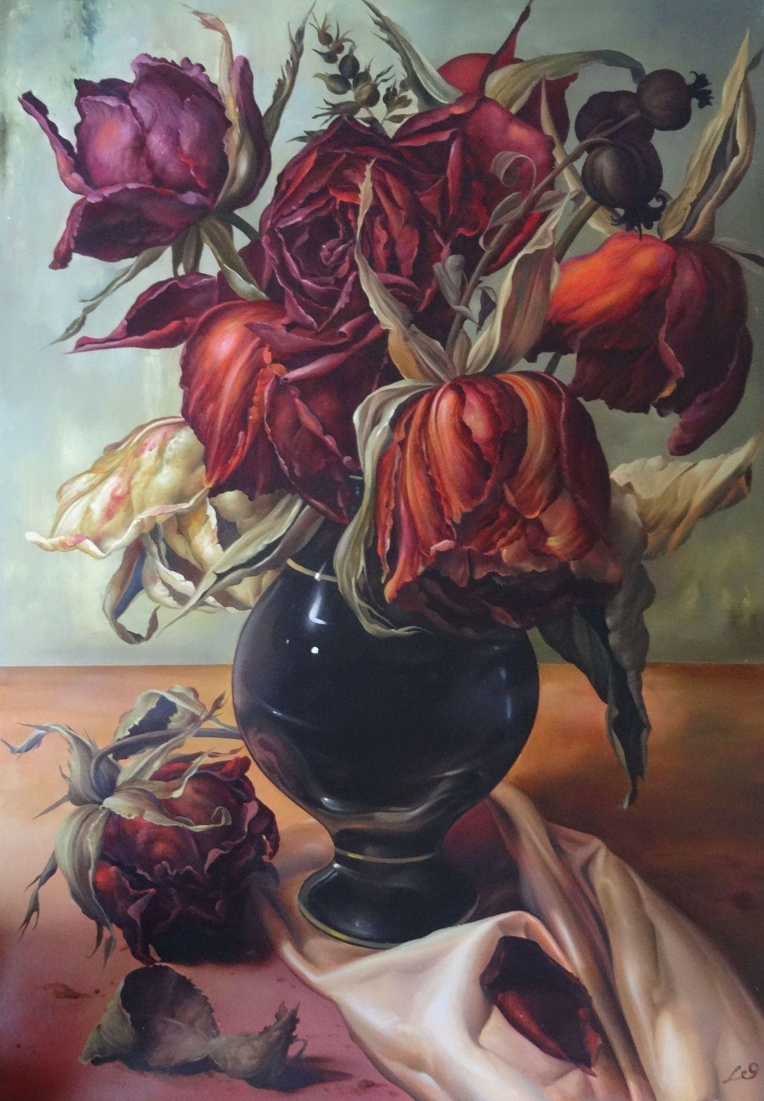 Roses. Canvas, oil, 100x70 cm - Painting by Arturs Amatnieks (Leon) 