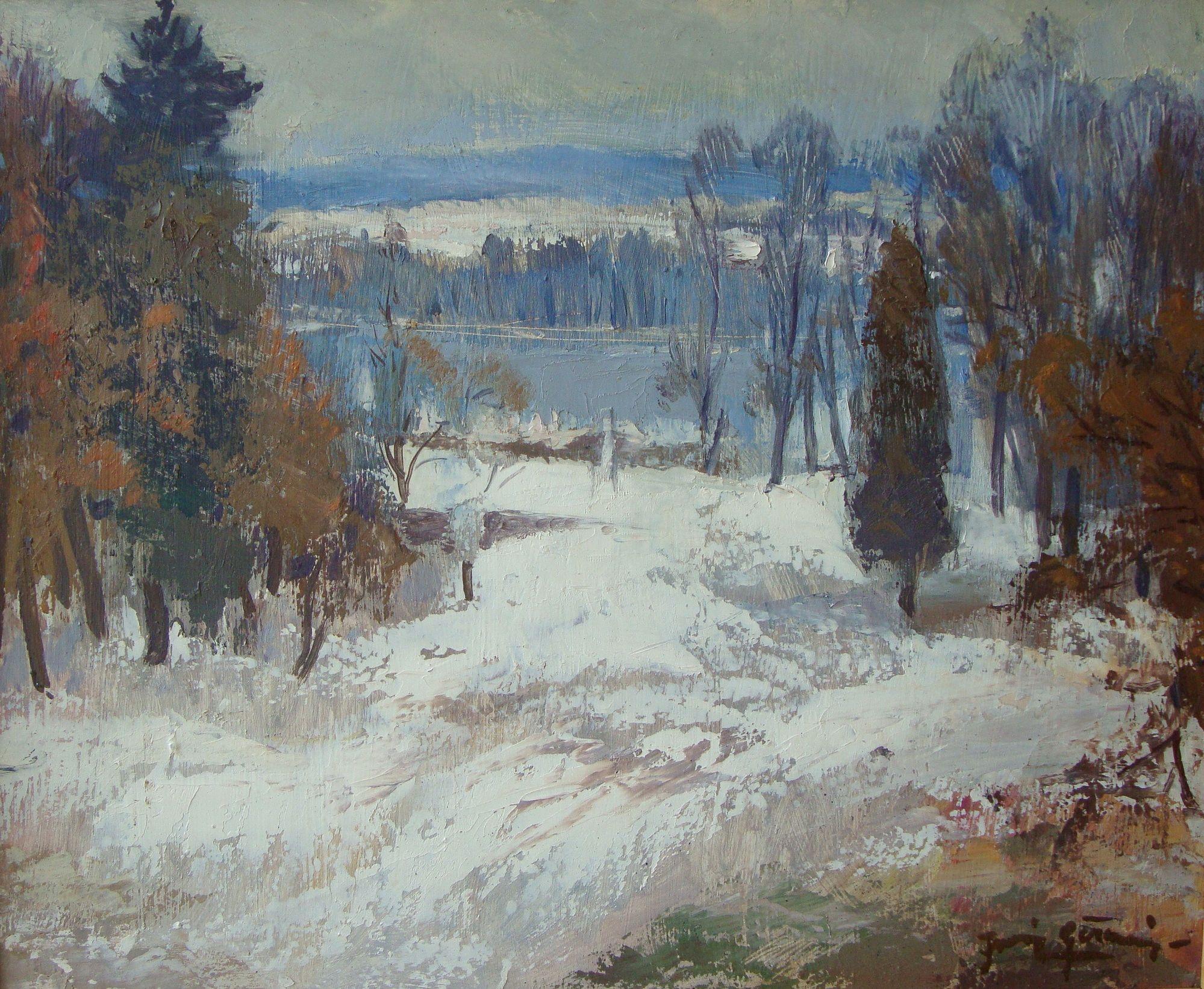 Juris Germanis Landscape Painting - Winter landscape. 2002, oil on cardboard, 59, 5x72 cm