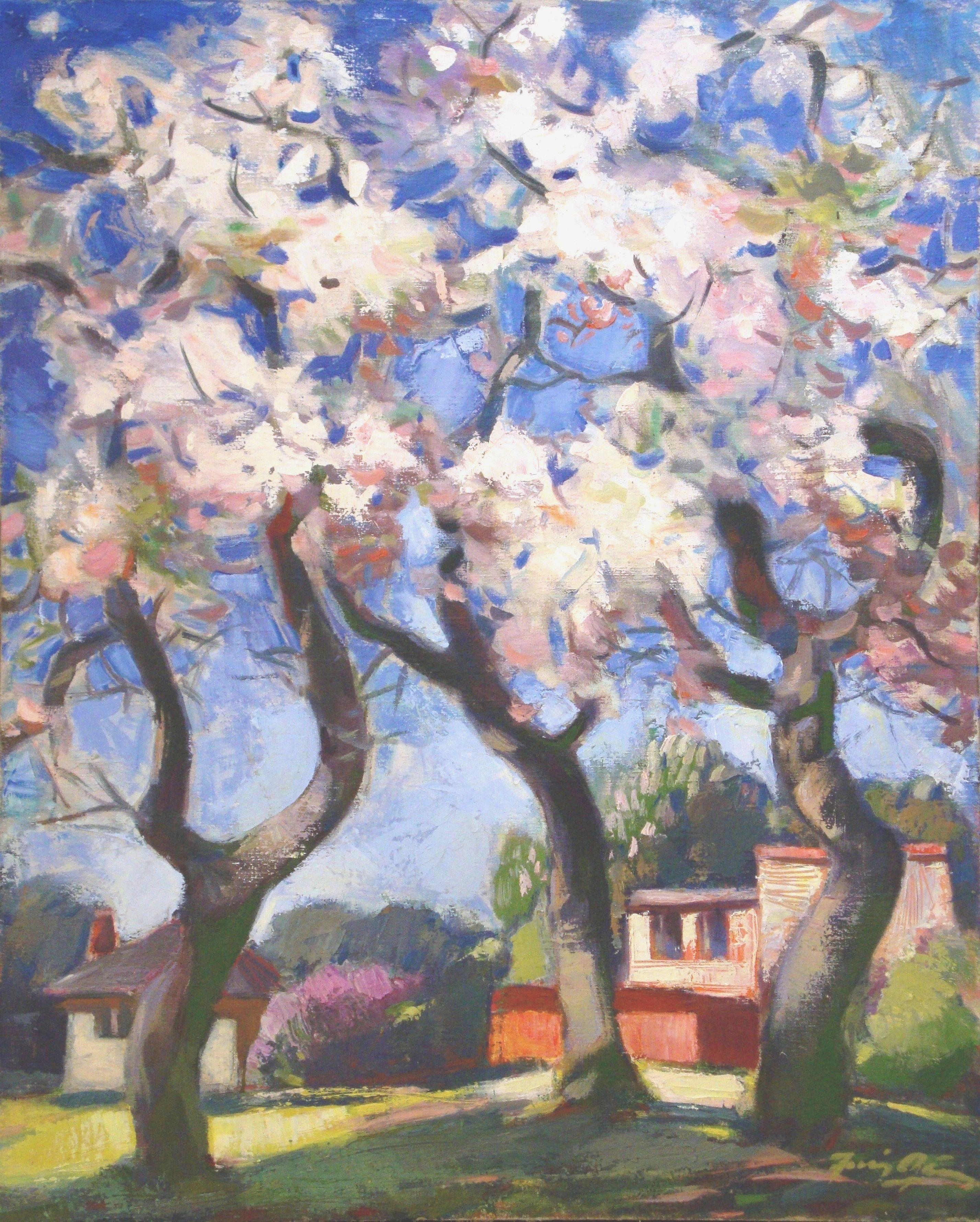 Landscape Painting de Juris Germanis - Manzanos en flor 1999, óleo sobre lienzo, 100x80 cm