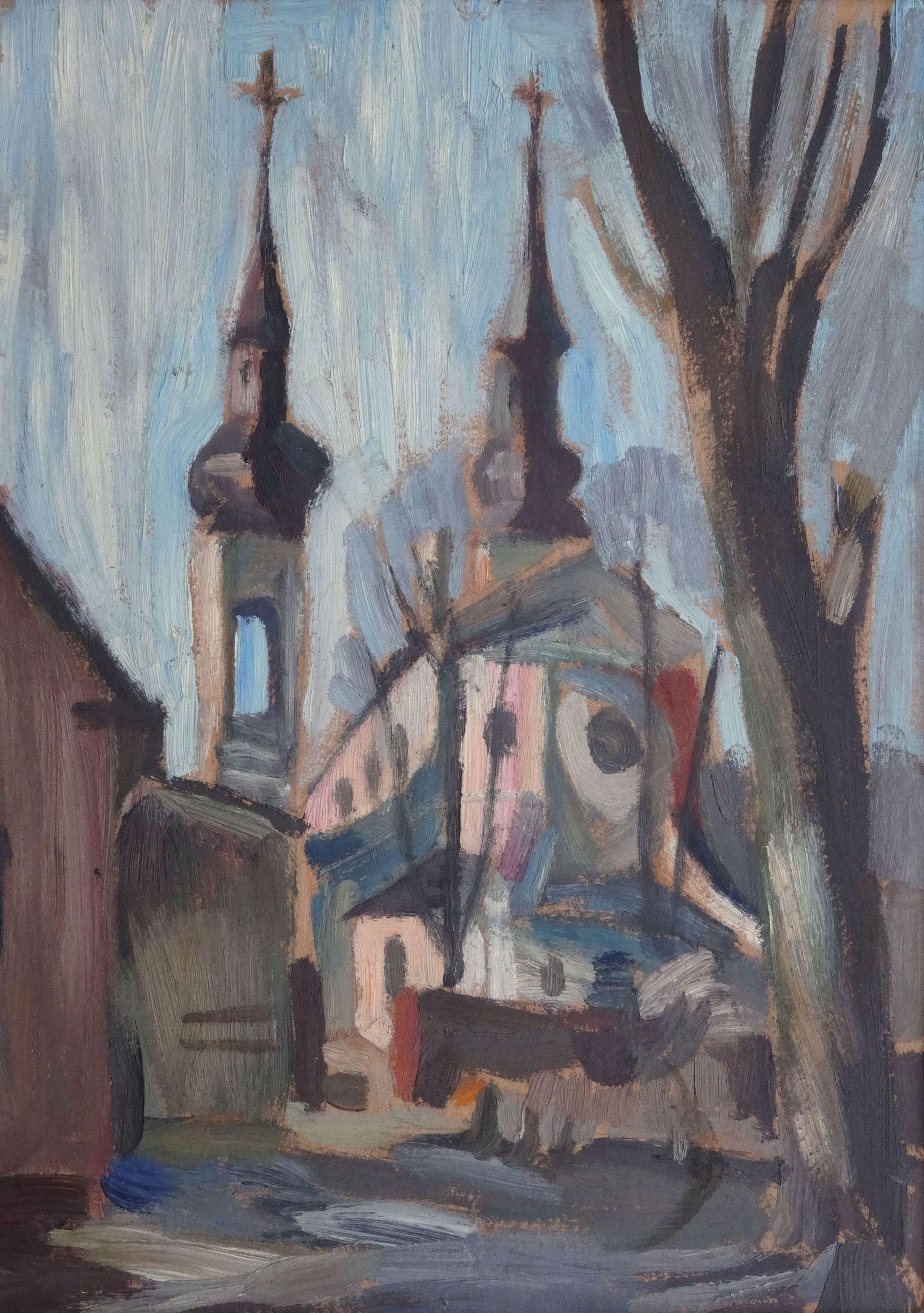 Vladimir Glushenkov  Landscape Painting - Church. Cardboard, oil, 49x35 cm