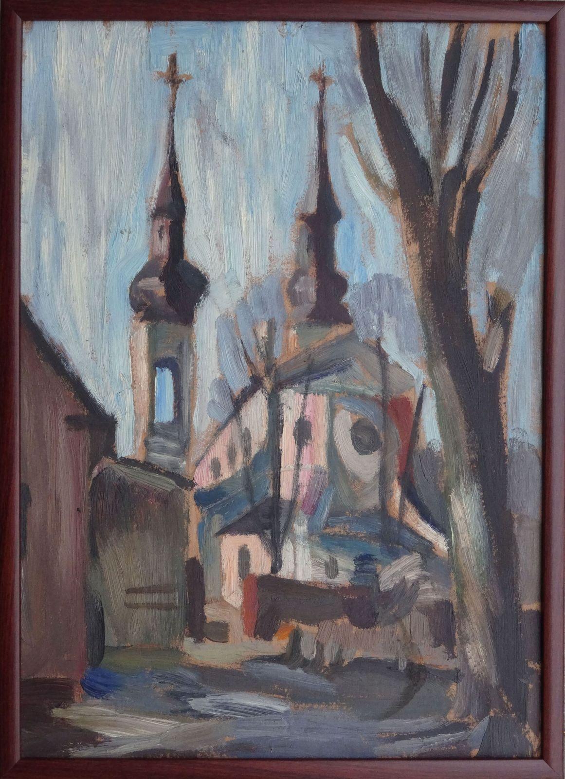 Church. Cardboard, oil, 49x35 cm - Painting by Vladimir Glushenkov 