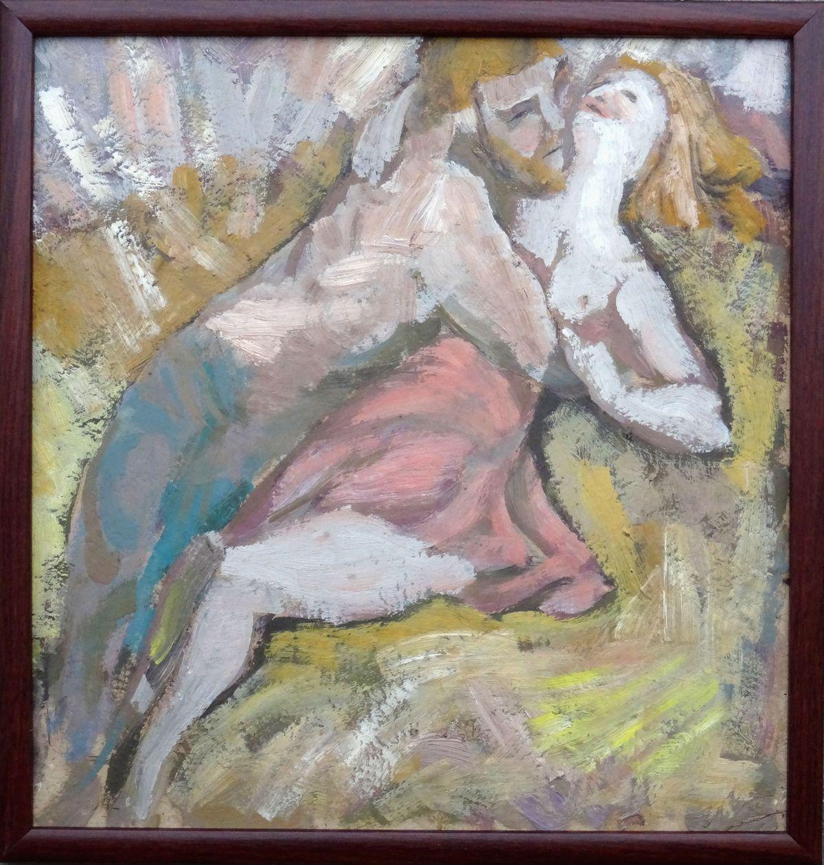 Amanti. Cartone, tecnica mista, 33x31 cm + libro regalo - Painting di Vladimir Glushenkov 