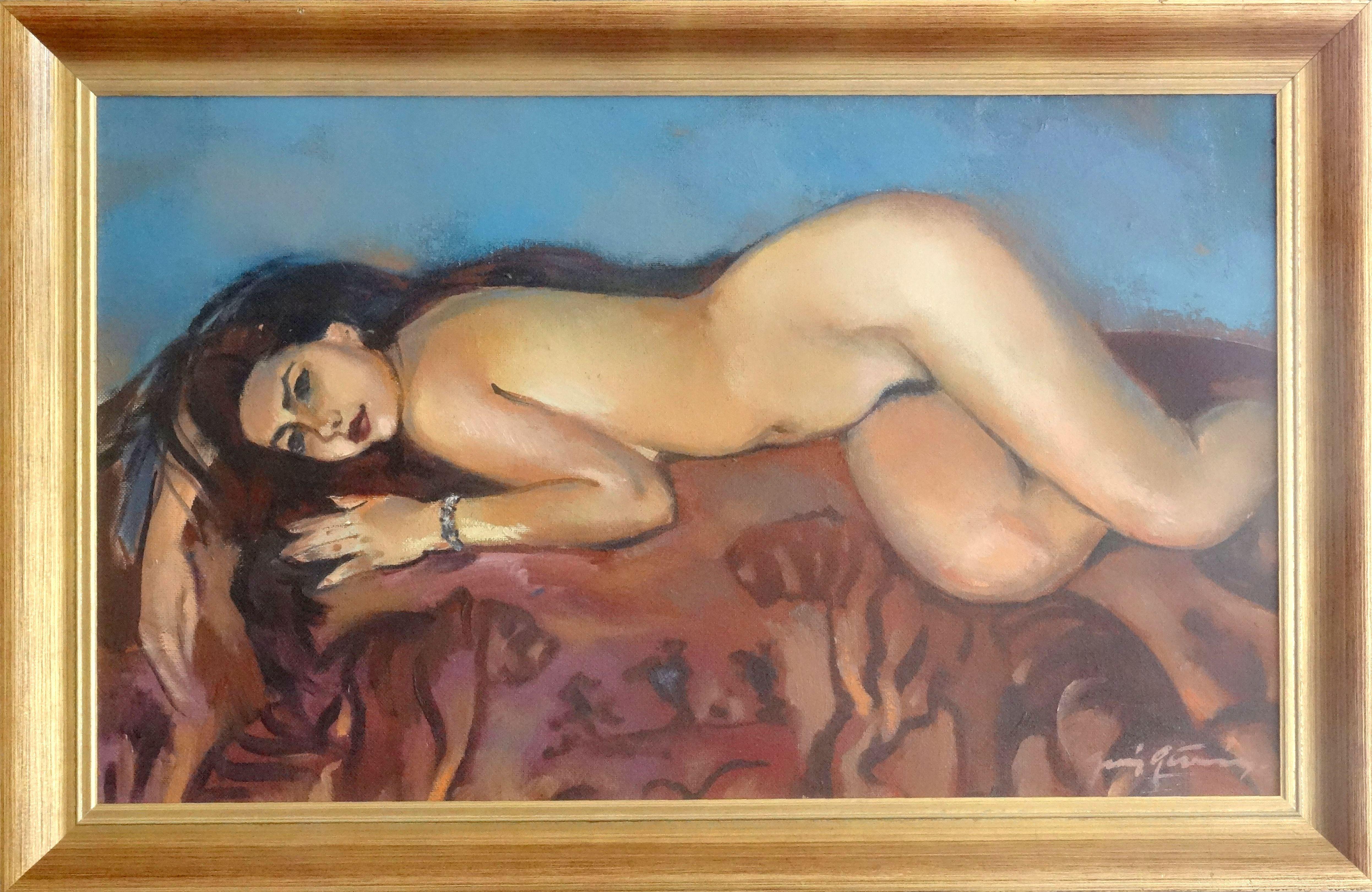Relaxation. Nude. Canvas, cardboard, oil, 60x100 cm - Painting by Juris Germanis