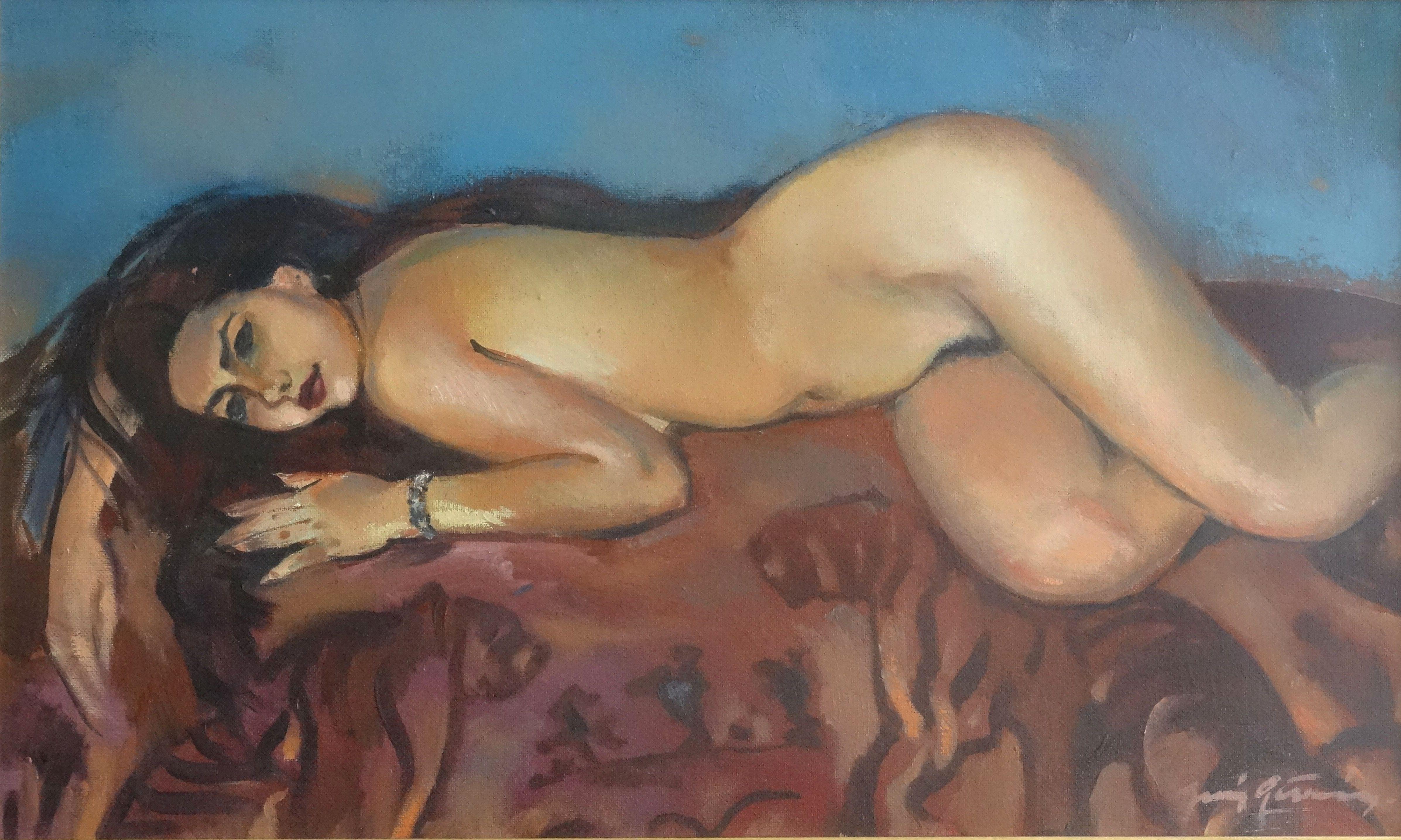 Juris Germanis Nude Painting - Relaxation. Nude. Canvas, cardboard, oil, 60x100 cm