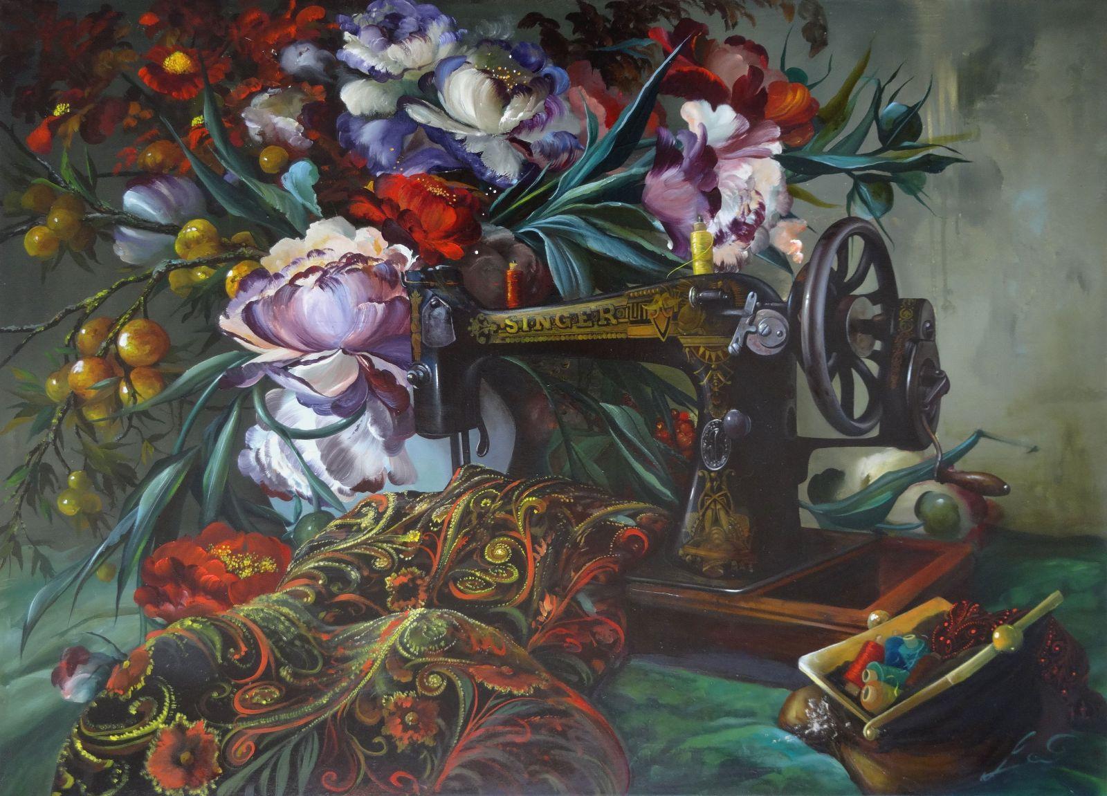 Arturs Amatnieks (Leon)  Still-Life Painting - Still life with a sewing machine. 2019. Oil on canvas, 60x90 cm