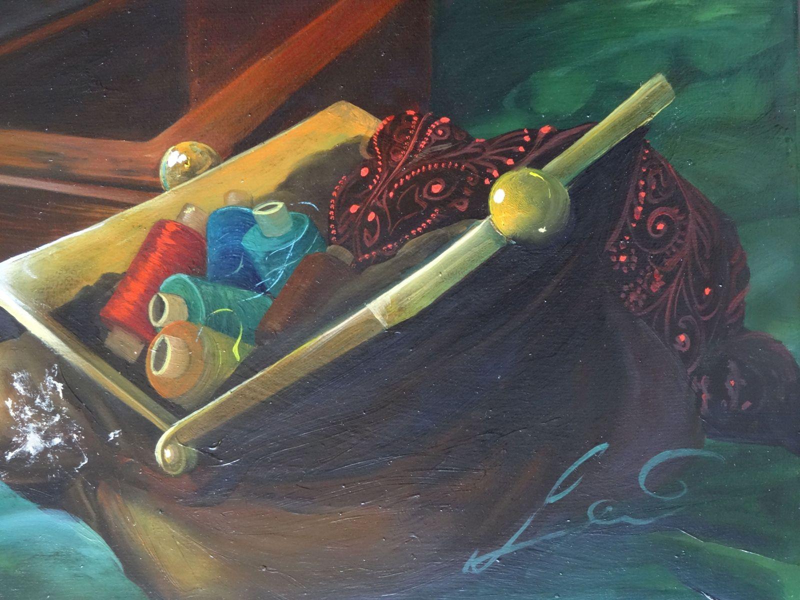 Still life with a sewing machine. 2019. Oil on canvas, 60x90 cm - Painting by Arturs Amatnieks (Leon) 
