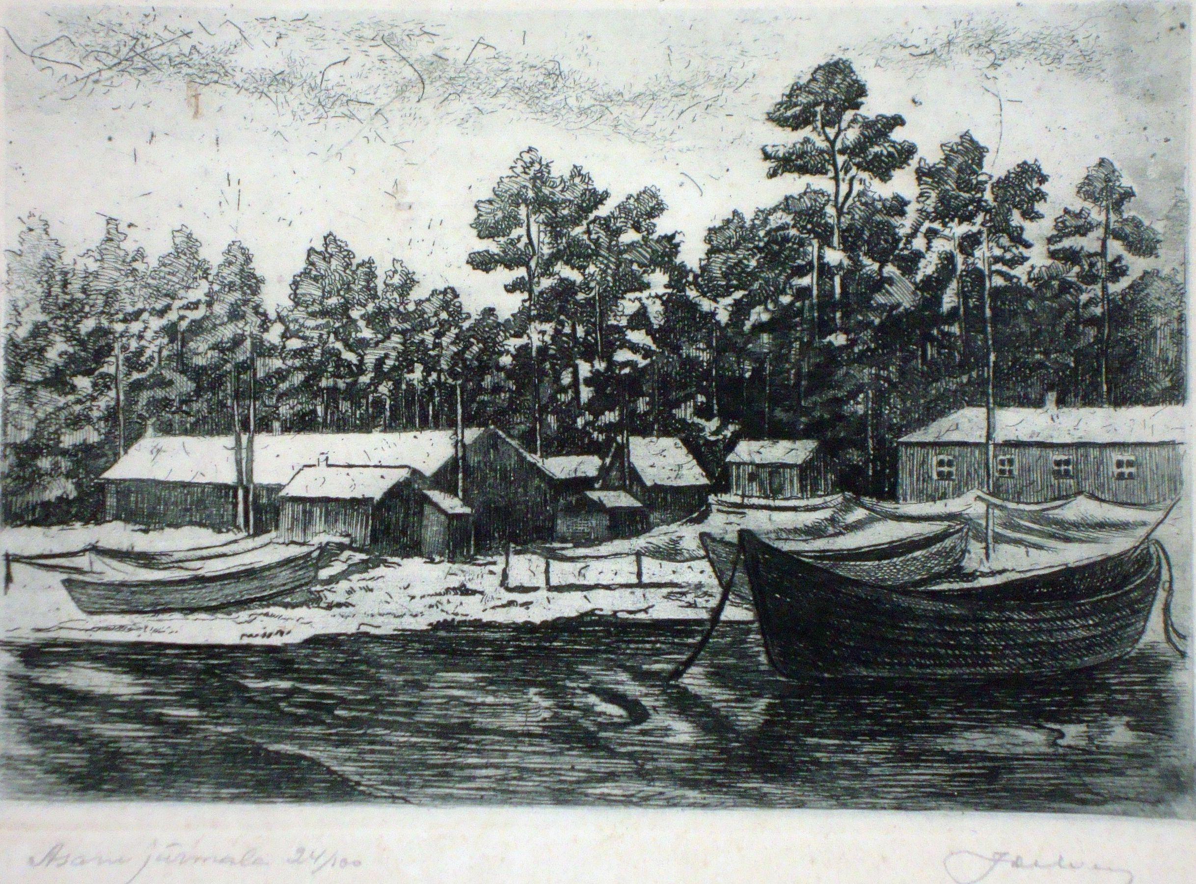 Jazeps Delvers  Landscape Painting - Seaside. 1974, paper, etching, 17, 5x25 cm