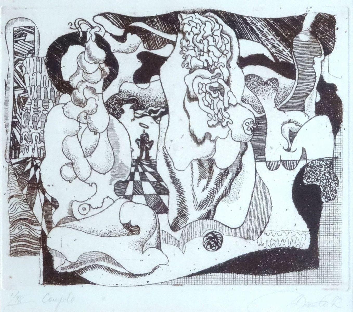 Aleksandrs Dembo Abstract Print - Couple. I/XX. 1992. Paper, etching, 19x21, 3 cm