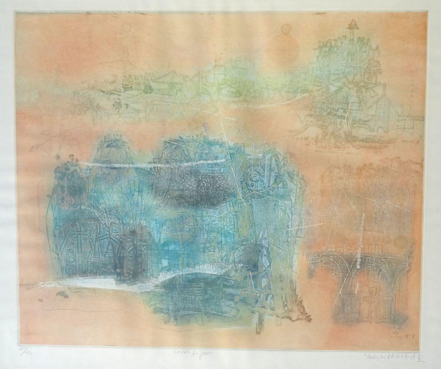 Abstract Print di Shoichi Hasegawa - Leva del giorno. 1973. Carta XXl / XL, acquaforte, 50x60 cm