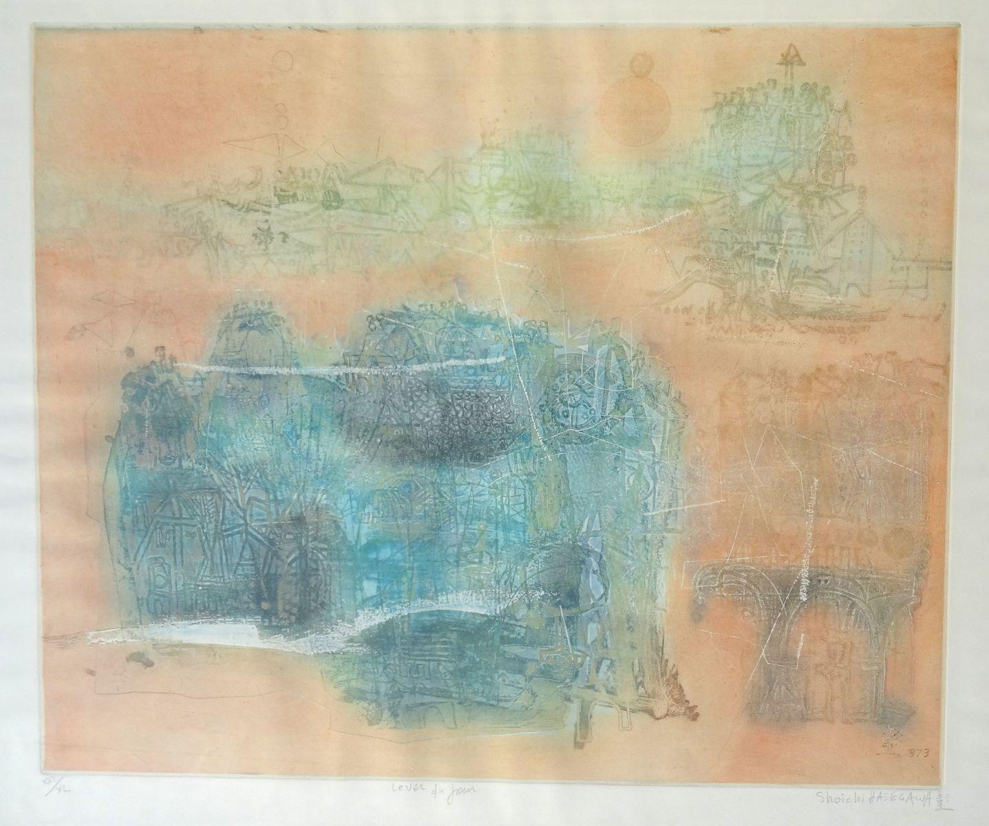 Shoichi Hasegawa Abstract Print - Lever du jour. 1973. XXl / XL paper, etching, 50x60 cm