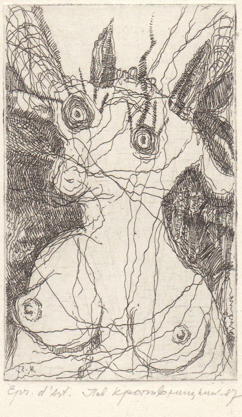 Lev Kropivnitsky Abstract Print - Epr. d'Art. Goat. 1987, paper, etching, 11x6, 5 cm