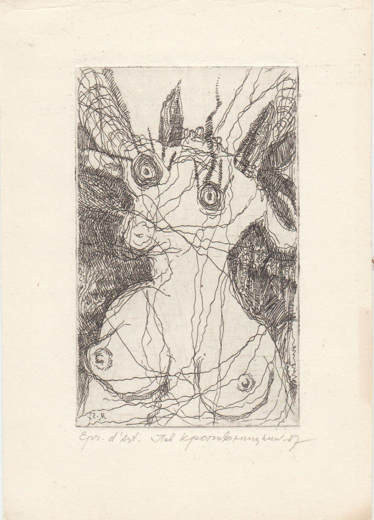 Epr. d'Art. Goat. 1987, paper, etching, 11x6, 5 cm - Print by Lev Kropivnitsky