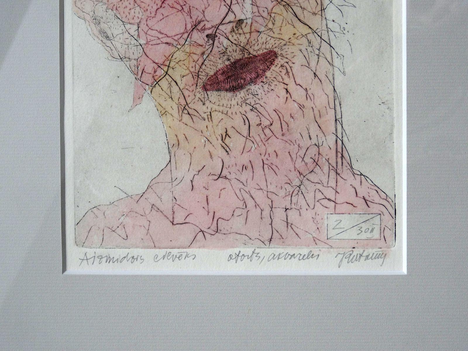 L'homme endormi. 2000. Papier, eau-forte, aquarelle, 19x13 cm - Surréalisme Print par Juris Putrams