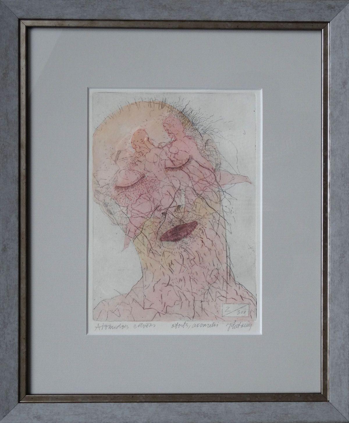 L'homme endormi. 2000. Papier, eau-forte, aquarelle, 19x13 cm - Print de Juris Putrams