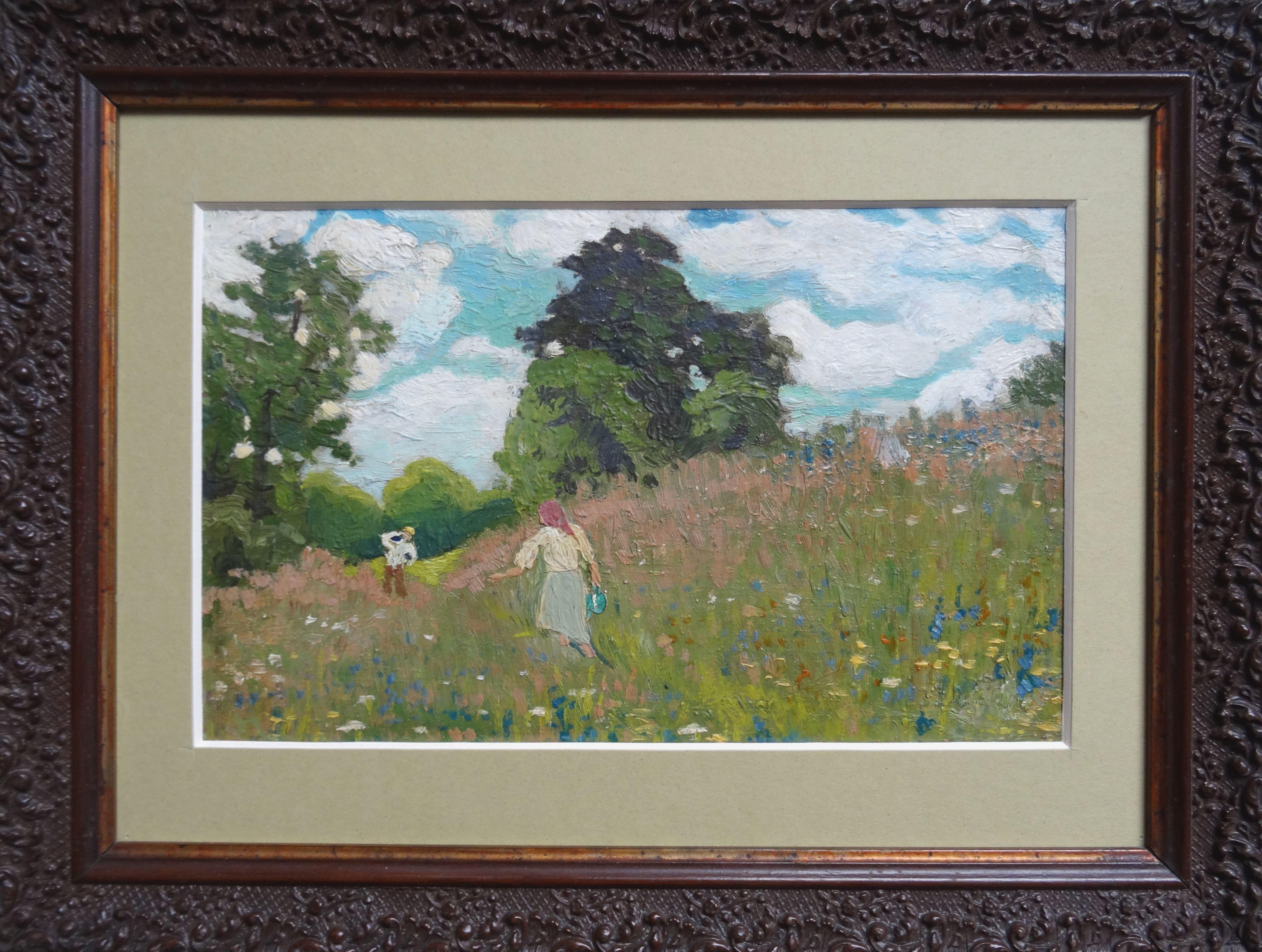 Summer walk. 1972. Cardboard, oil, 16.5x26 cm - Painting by Annija Eska