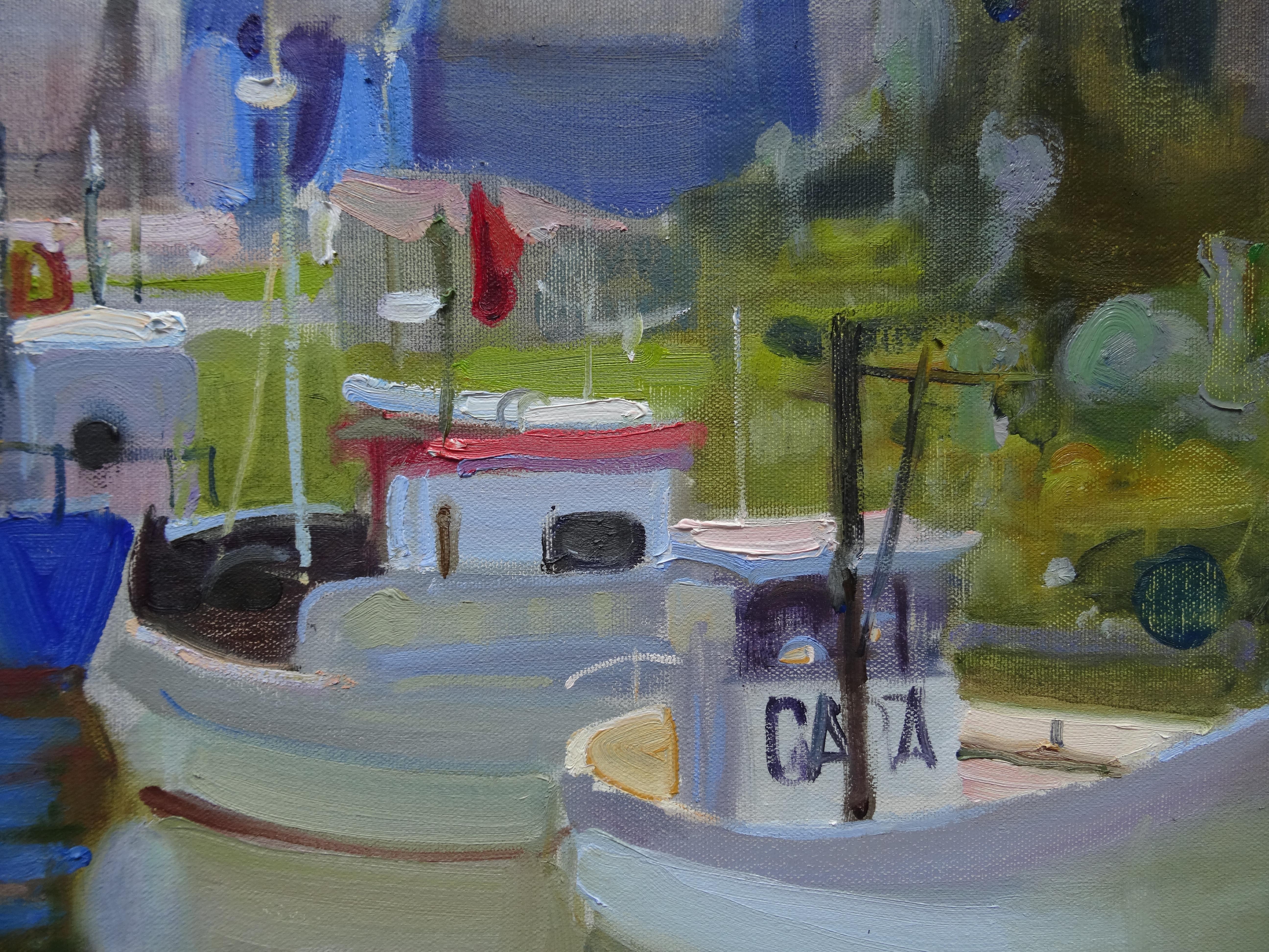 Muelle. 2020. Óleo sobre lienzo, 50x70 cm - Landscape Painting Gris de Valery Bayda 