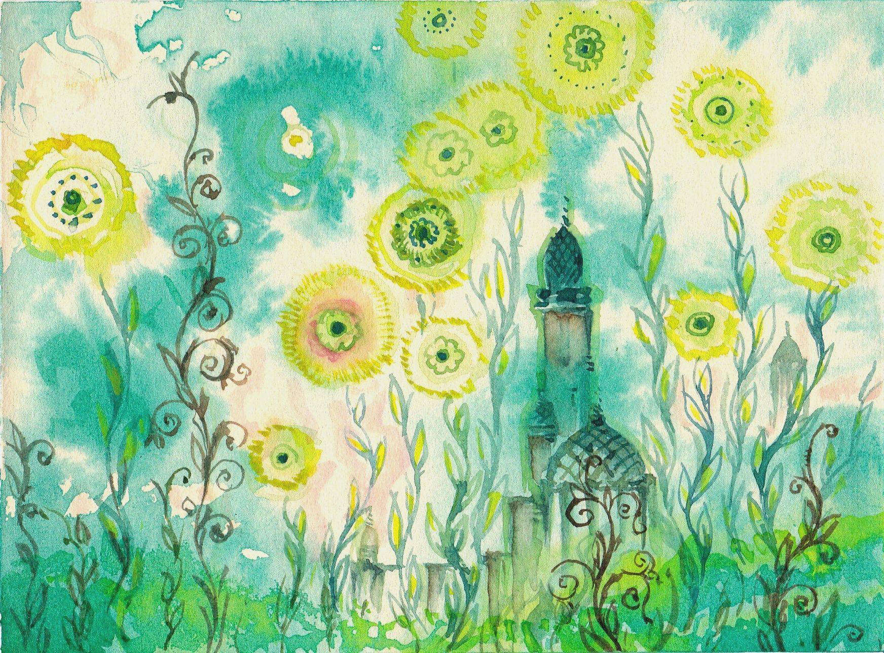 Herberts Mangolds Landscape Art - Flowers over the City. 1975. Watercolor on paper, 11x14, 8 cm