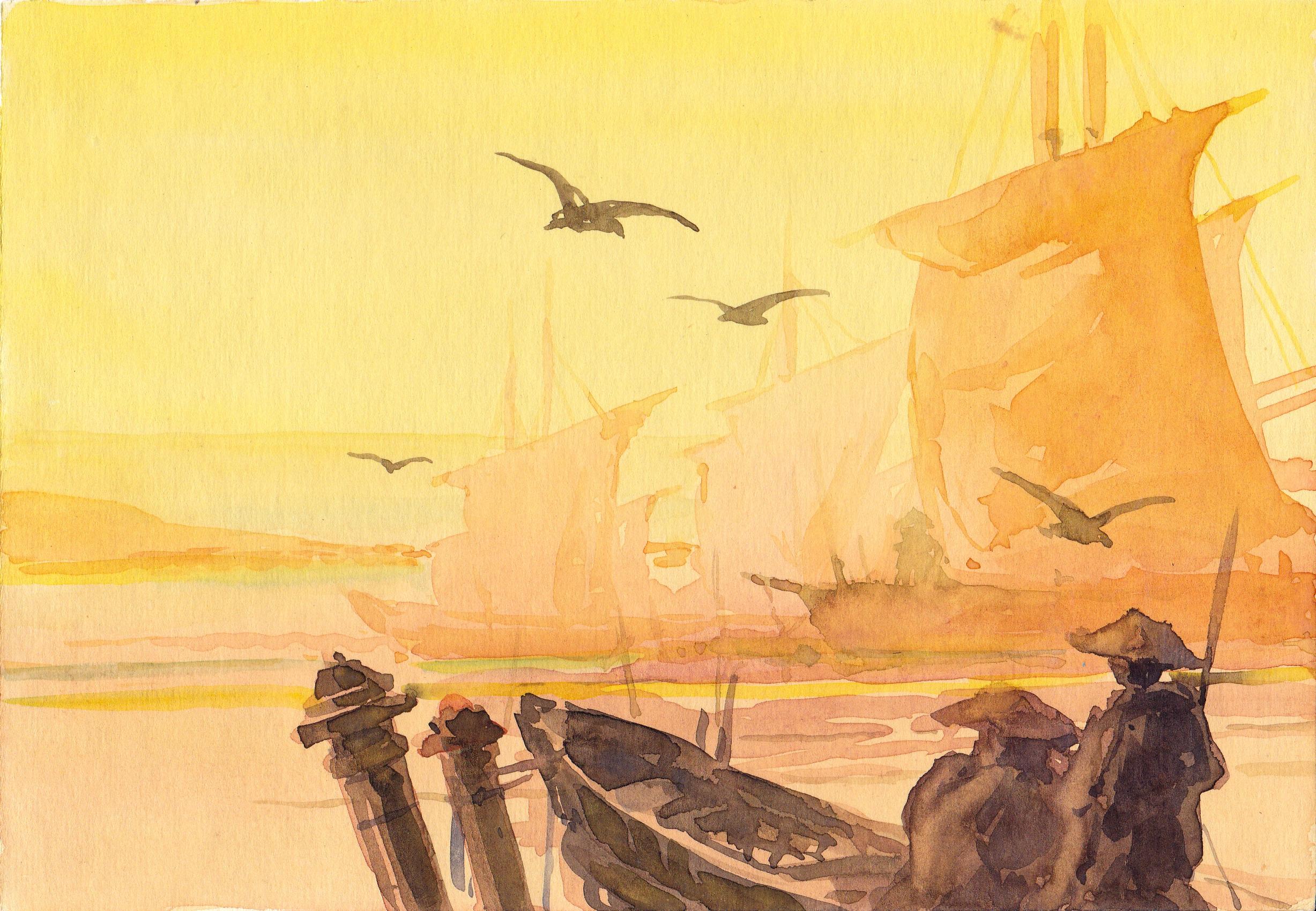 Herberts Mangolds Landscape Painting - Sunset. 1975. Watercolor on paper, 14, 5x22, 7 cm