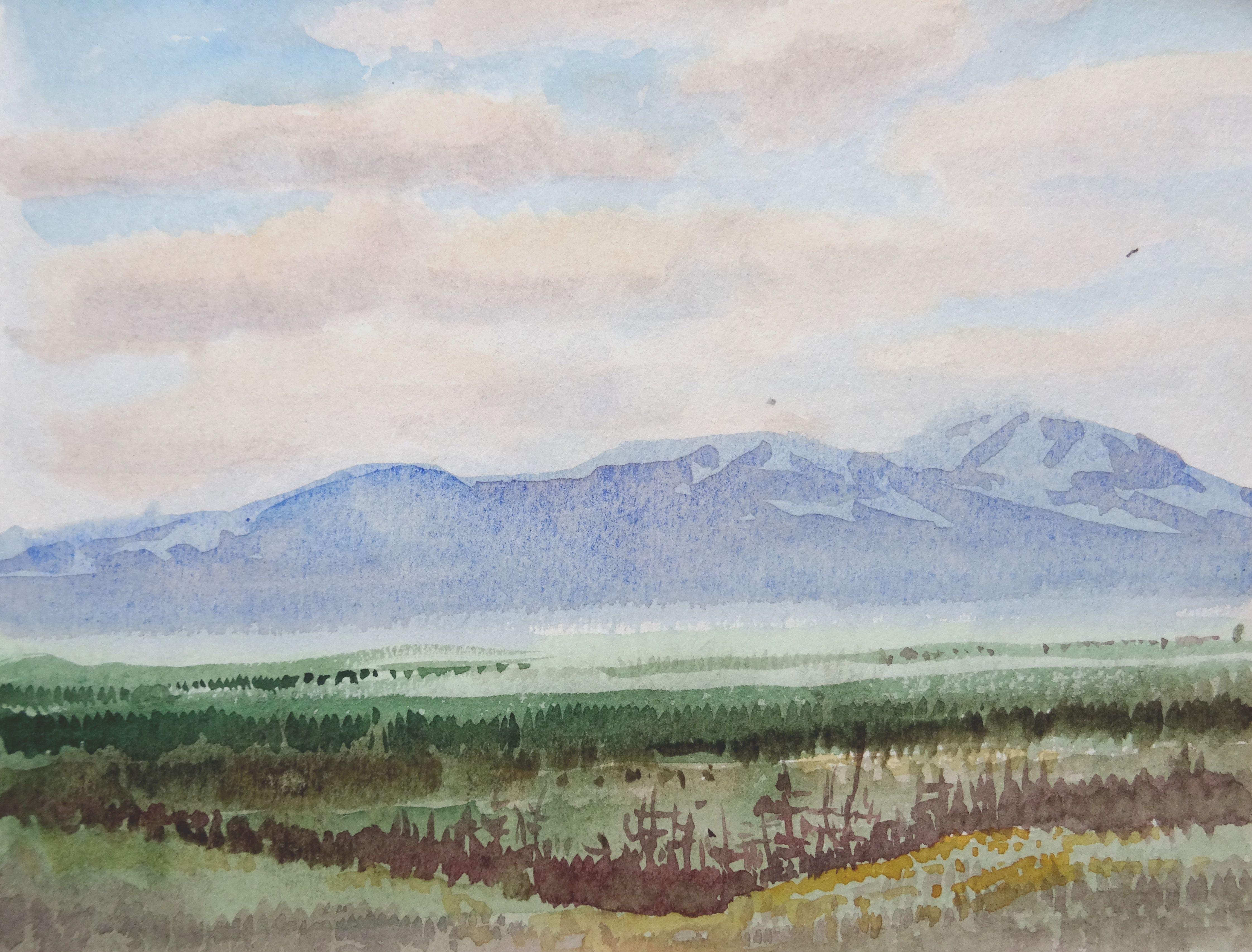 Herberts Mangolds Landscape Painting – Blauer Berg. 1975. Aquarell auf Papier, 14x19 cm