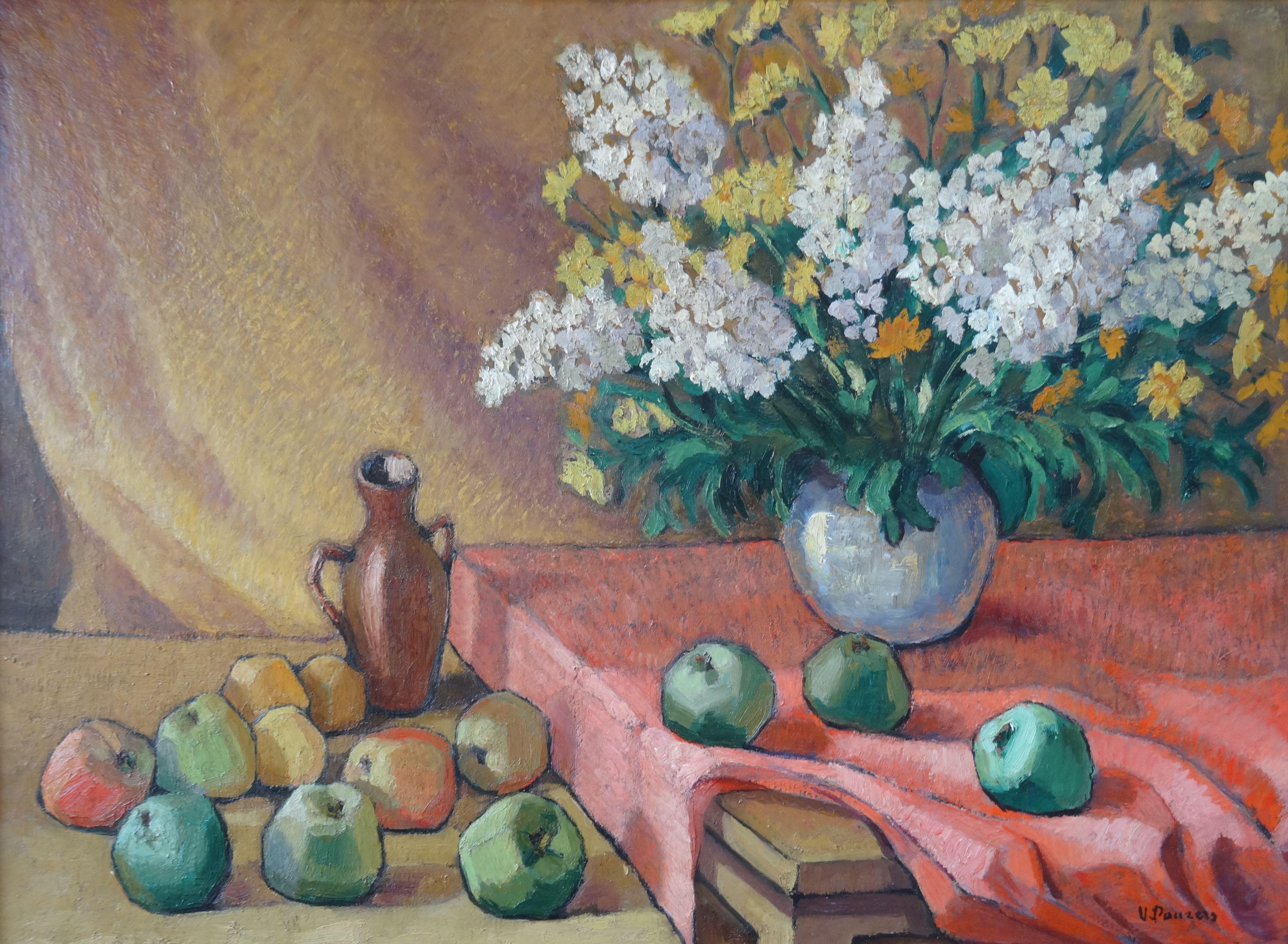 Voldemars Pauzers  Still-Life Painting - Still life with apples. Oil on cardboard, 54x72.5 cm