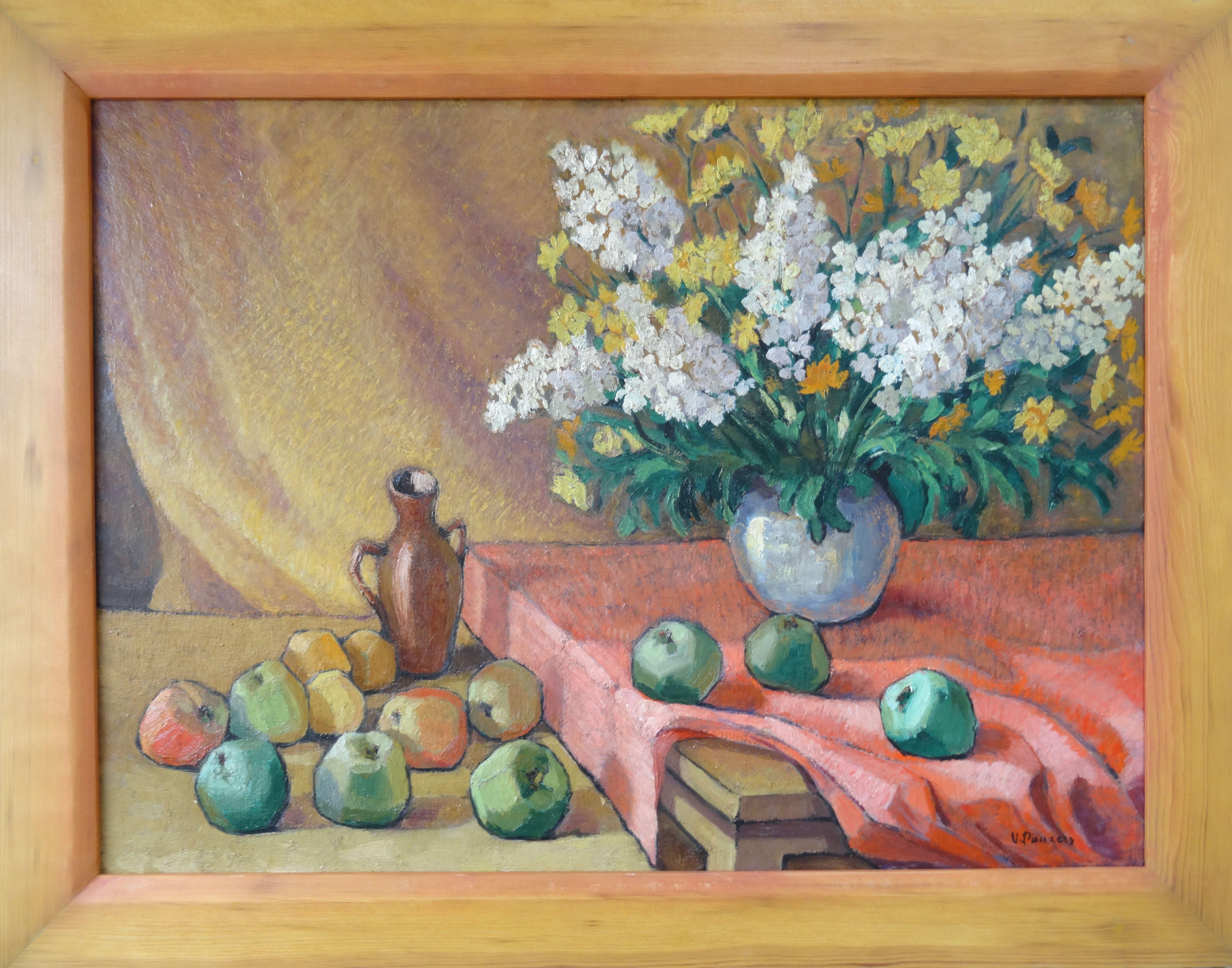 Still life with apples. Oil on cardboard, 54x72.5 cm - Painting by Voldemars Pauzers 