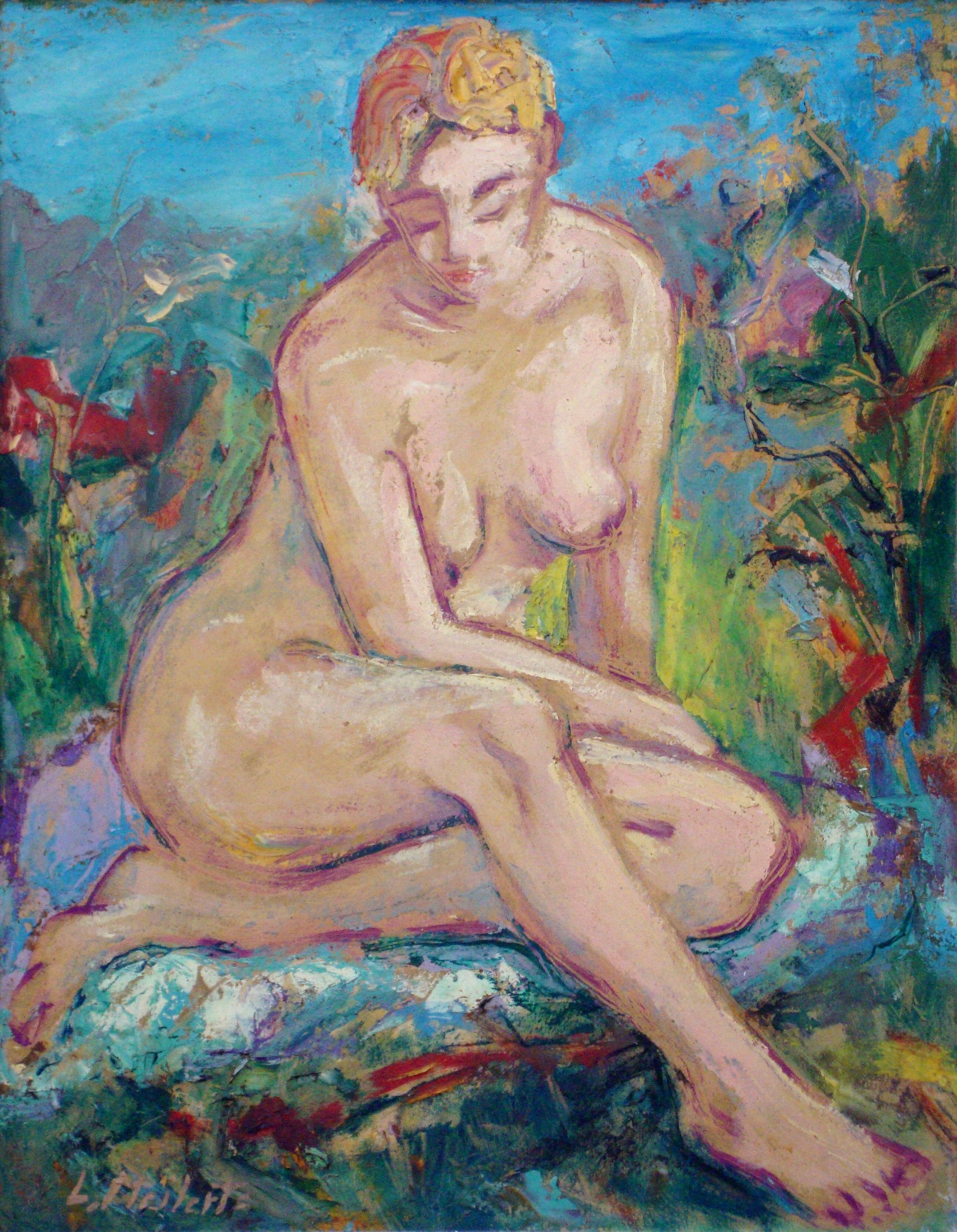 Meilerts-Krastins Ludmilla Nude Painting – Sitzend. 1980. Öl auf Karton, 56x45 cm 