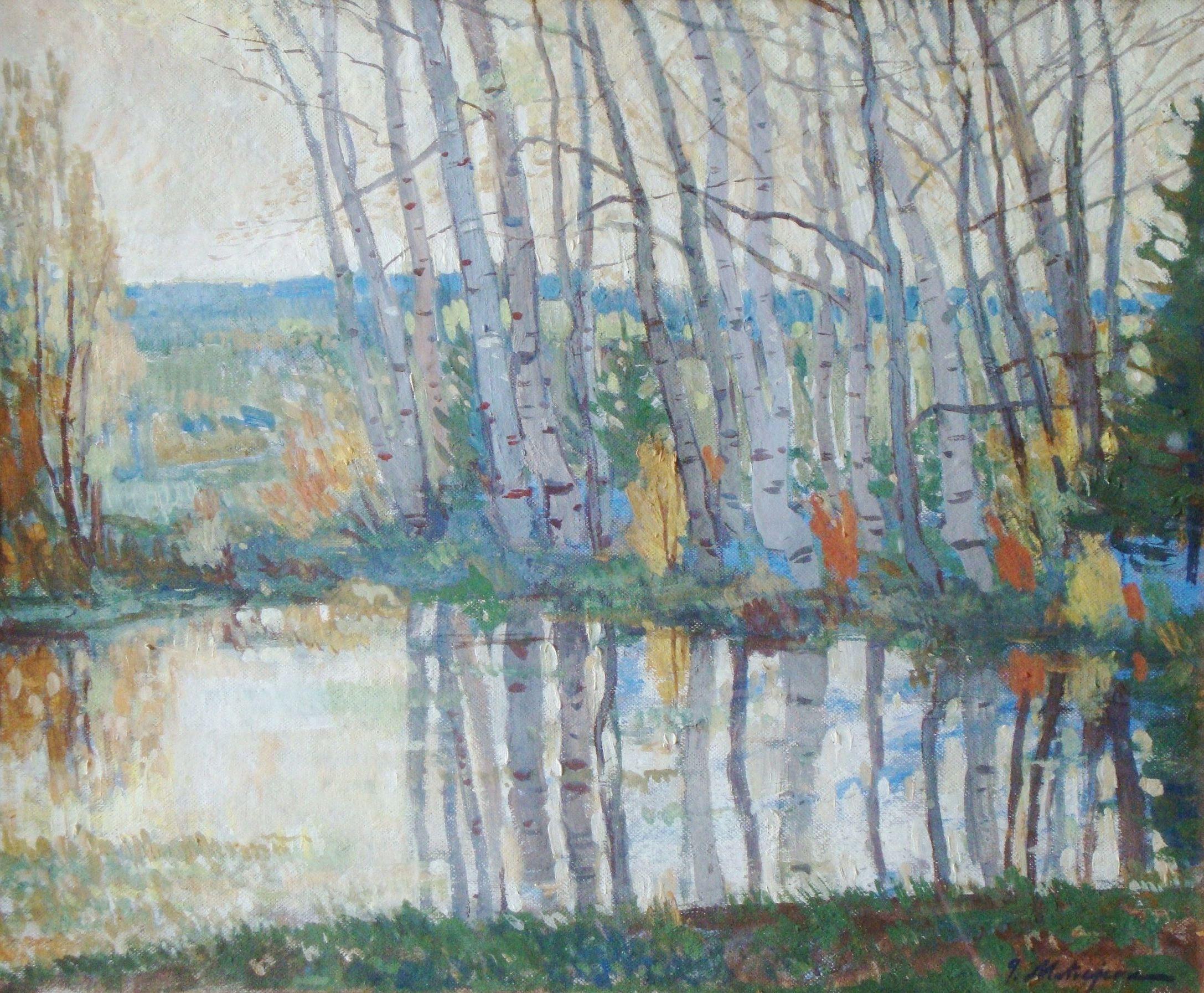 Georg Matveevs Landscape Painting - Landscape with birches. 1960s. Oil on canvas, 52x62 cm