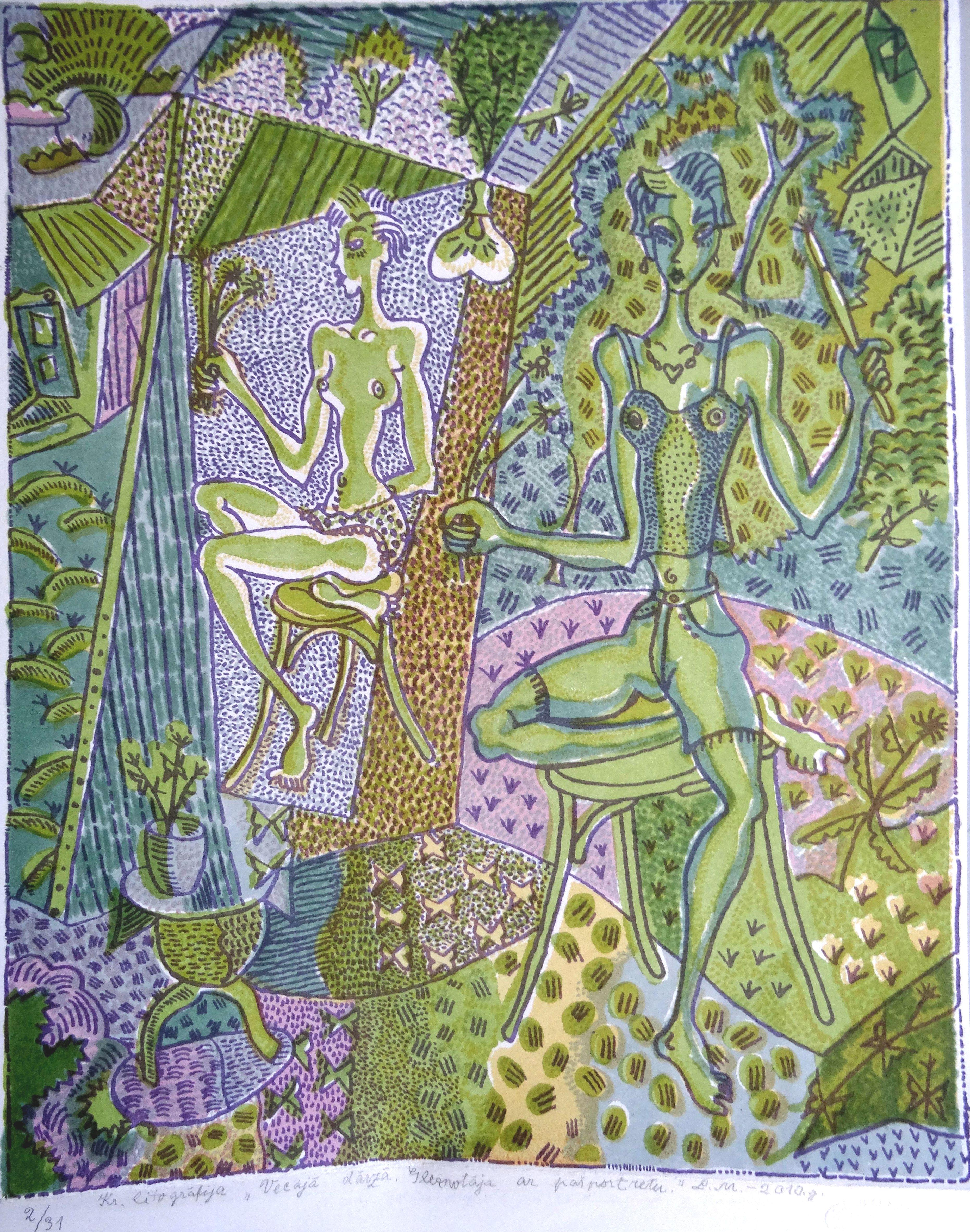 Das Selbstporträt eines Malers im alten Garten. 2/31., 2010., Lithographie, 46x36cm – Print von Leonids Maurins