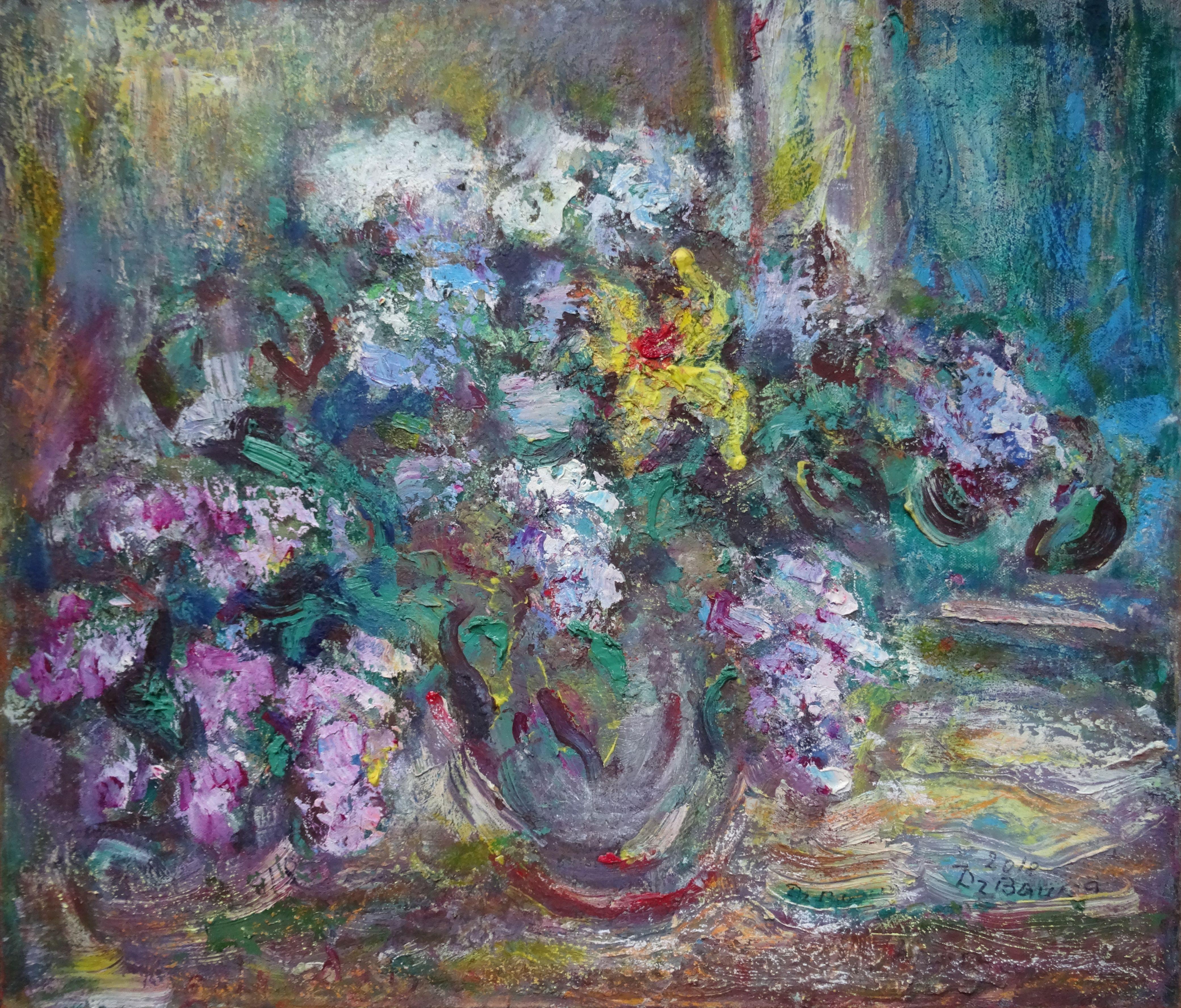 Dzidra Bauma Still-Life Painting - Lilac. 2018, mixed media on canvas, 60x69.5 cm