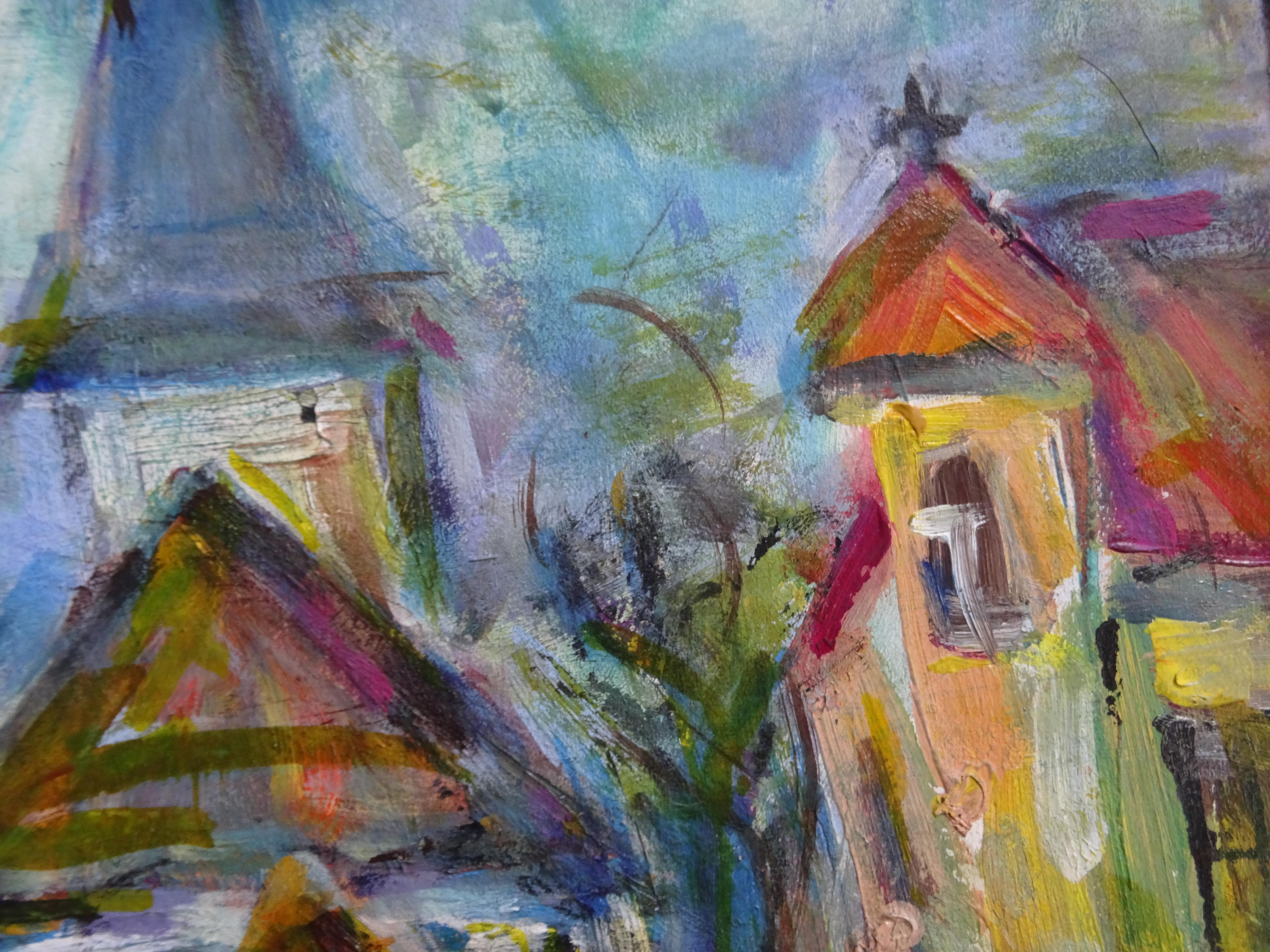 Rose Square par église. 2012, acrylique sur papier, 44x55 cm - Gris Landscape Painting par Dzidra Bauma