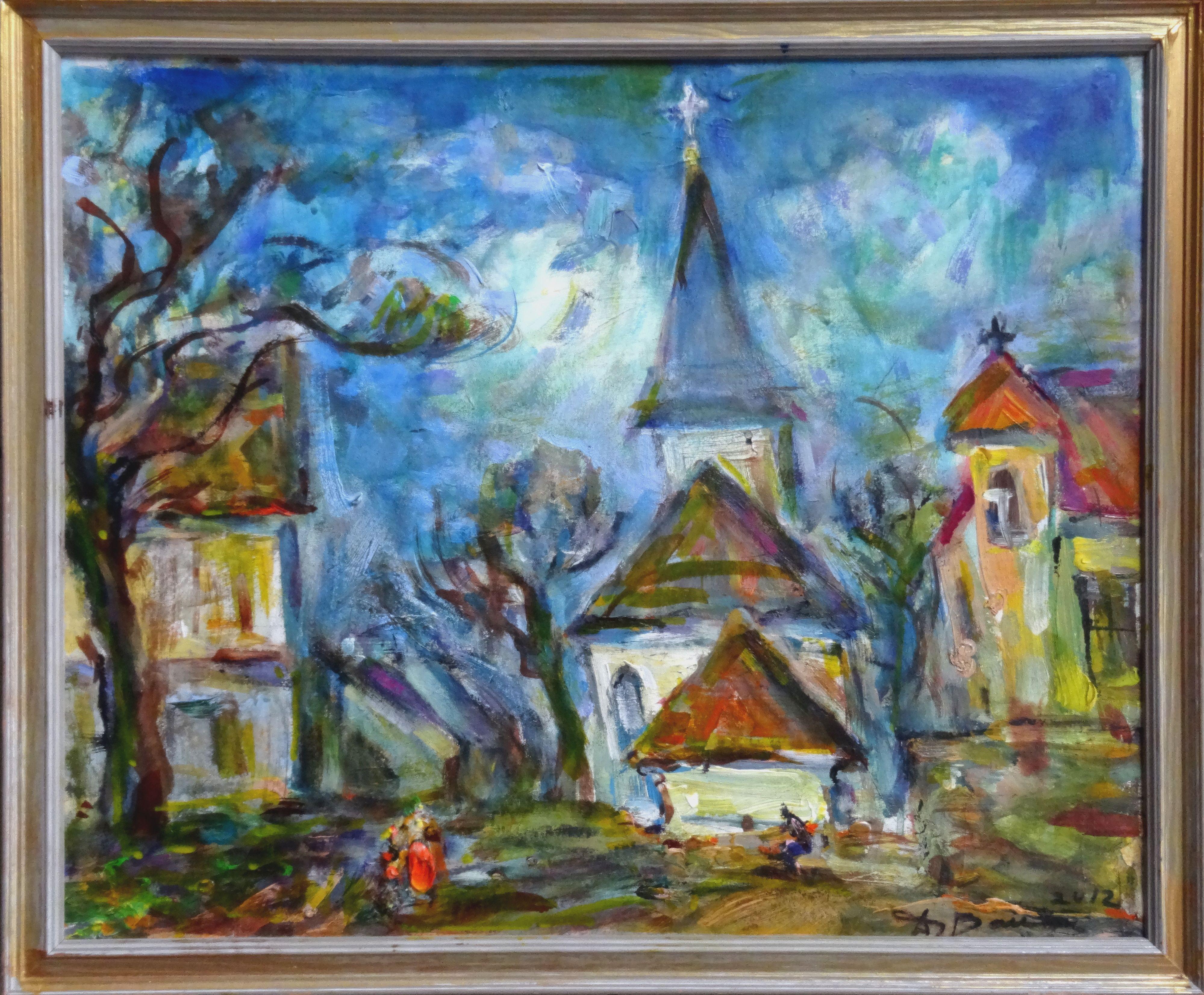 Rose Square by church. 2012, acrylic on paper, 44x55 cm - Painting by Dzidra Bauma