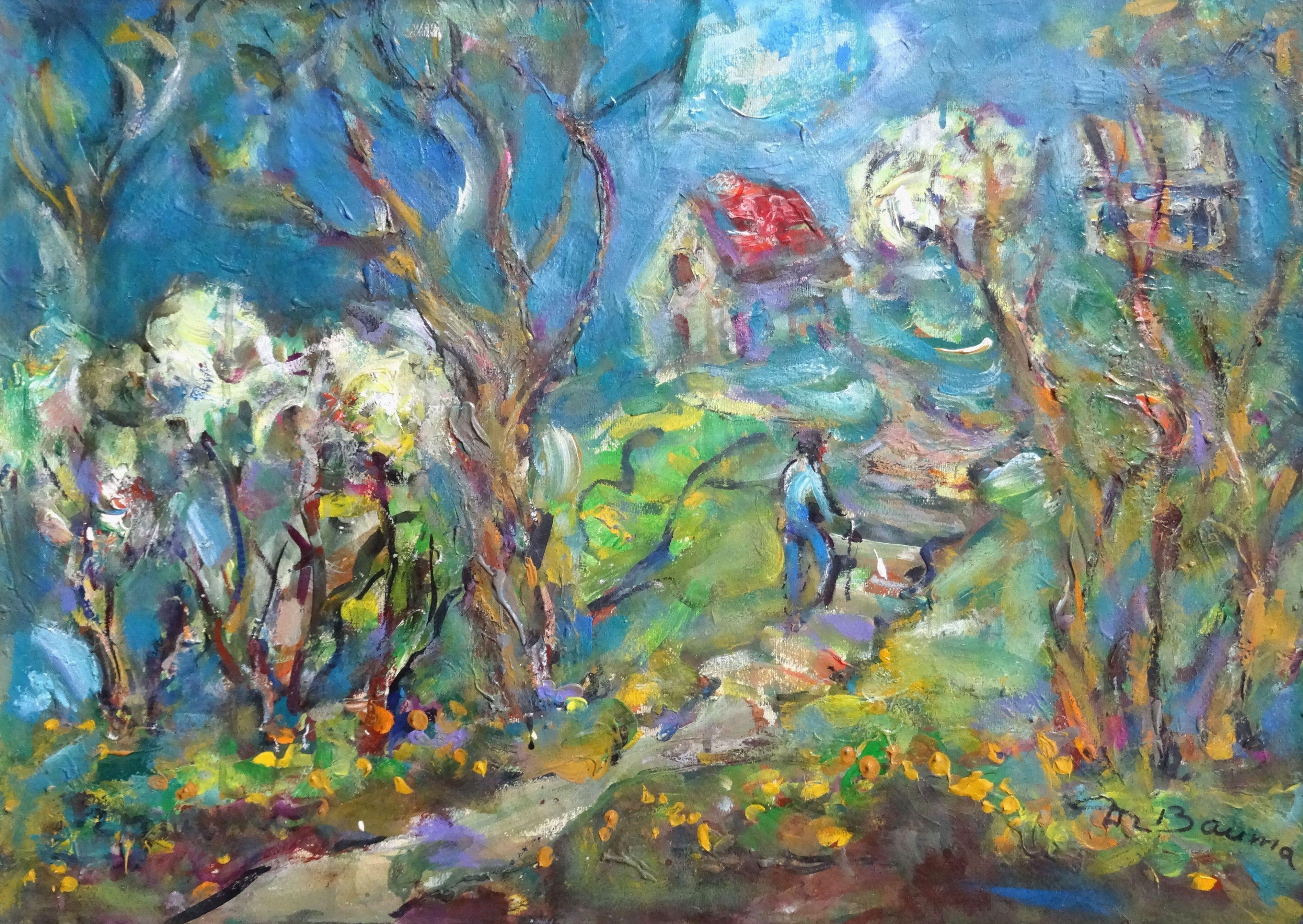 Dzidra Bauma Landscape Painting - Cherries bloom. 2010, acrylic on paper, 49x70 cm