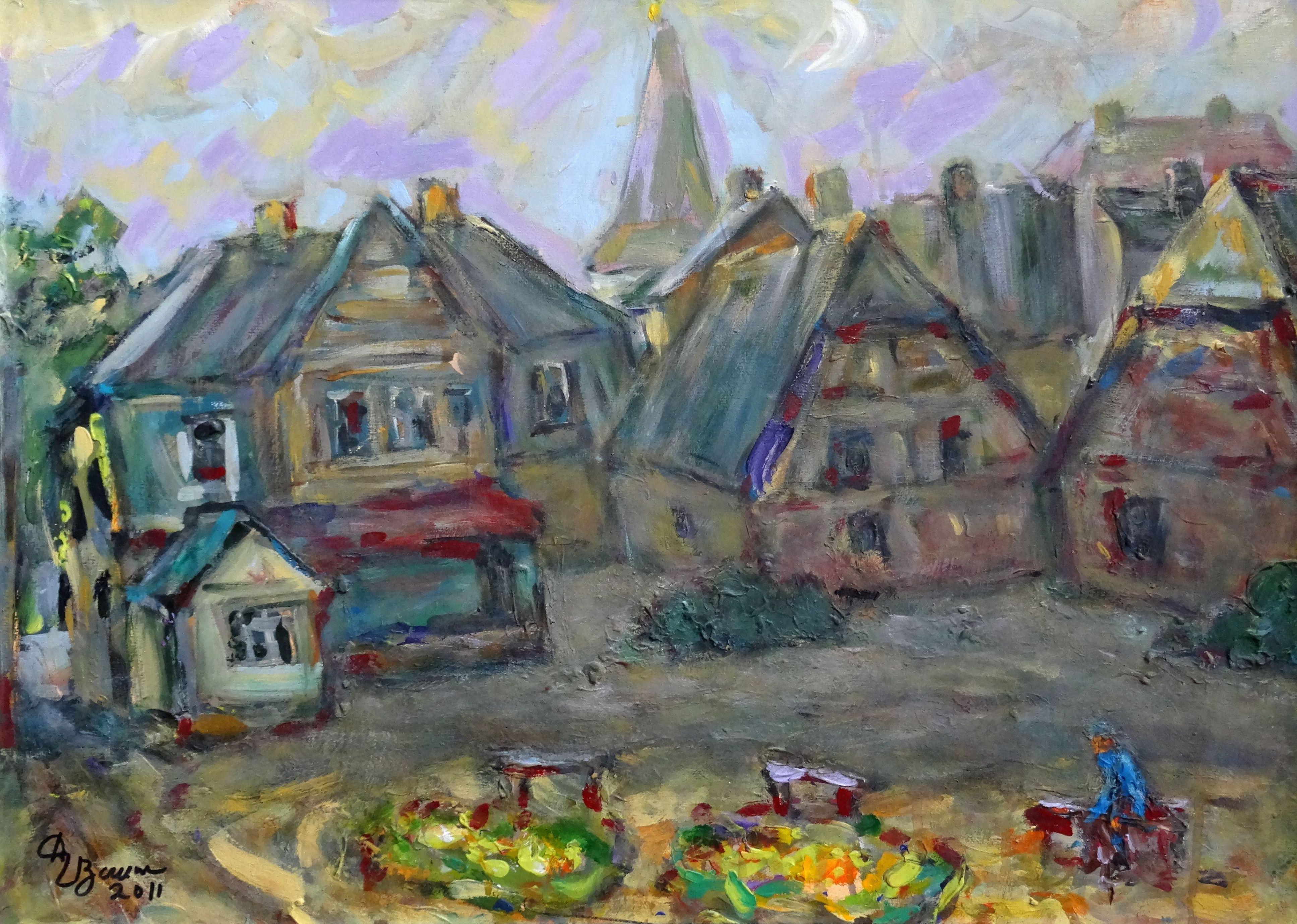 Dzidra Bauma Landscape Painting - Old Town. Catherine 's square. 2011, acrylic on paper, 48x68 cm